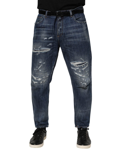 Dolce & Gabbana Blue Cotton Tattered Tapered Men Denim Jeans - Hilstor