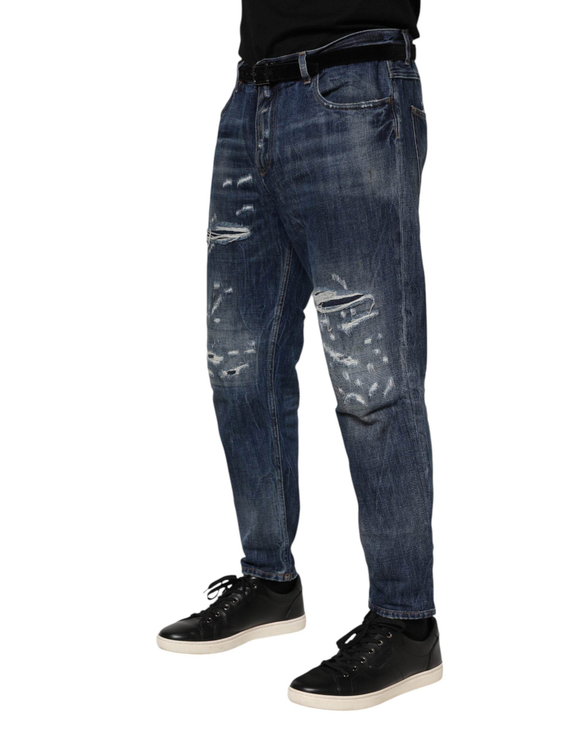 Dolce & Gabbana Blue Cotton Tattered Tapered Men Denim Jeans - Hilstor