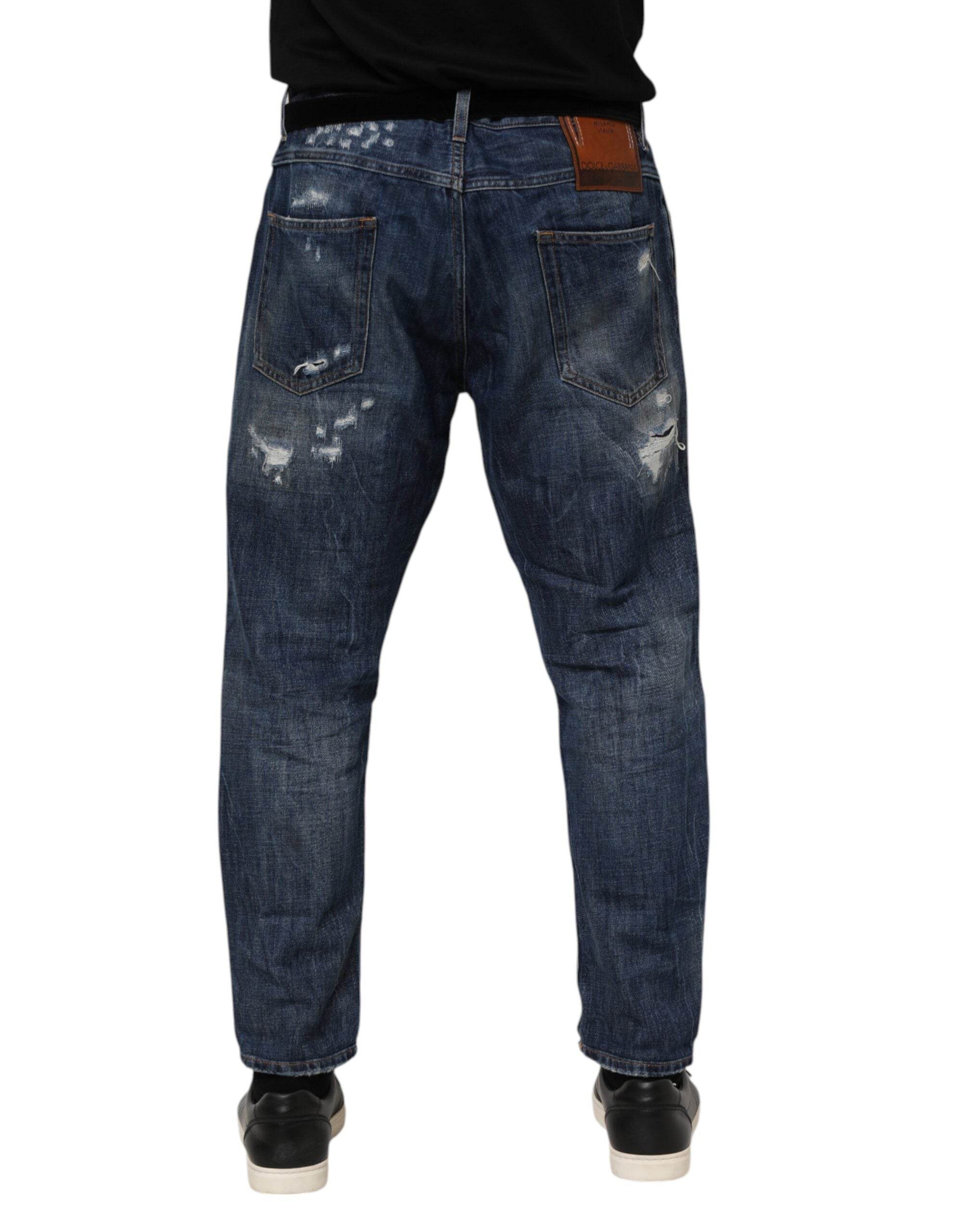 Dolce & Gabbana Blue Cotton Tattered Tapered Men Denim Jeans - Hilstor