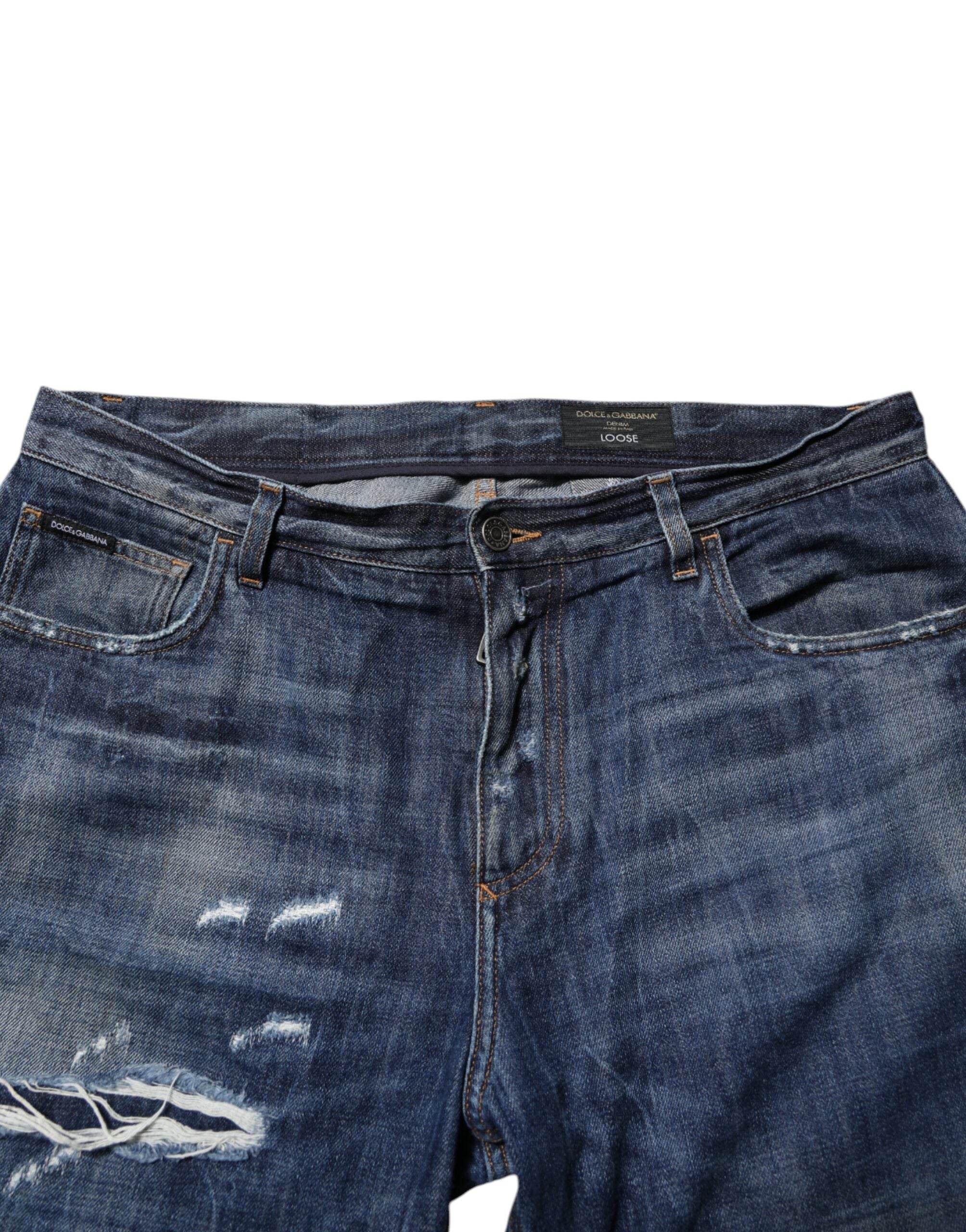 Dolce & Gabbana Blue Cotton Tattered Tapered Men Denim Jeans - Hilstor
