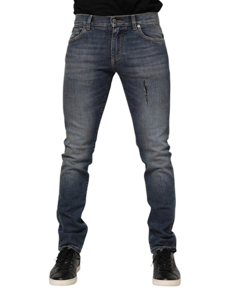 Dolce & Gabbana Blue Washed Skinny Logo Plaque Men Denim Jeans - Hilstor