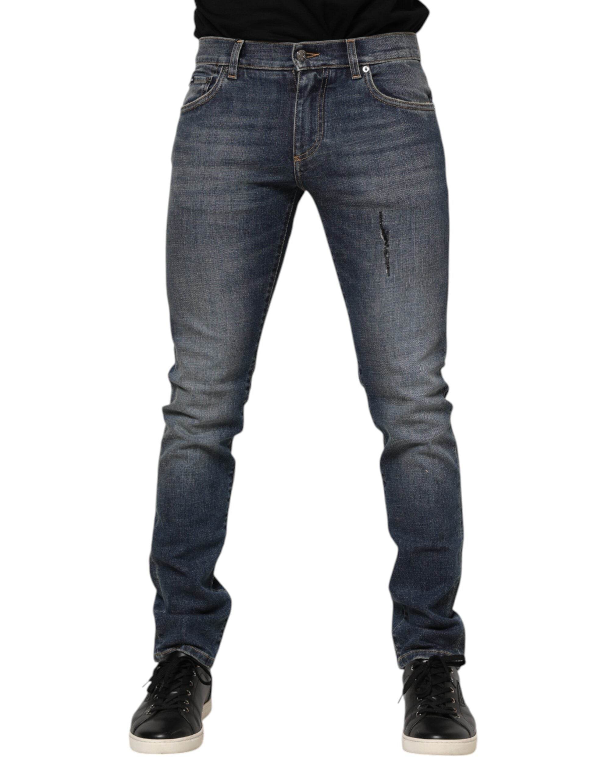 Dolce & Gabbana Blue Washed Skinny Logo Plaque Men Denim Jeans - Hilstor