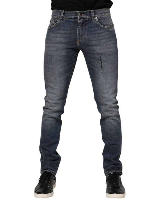 Dolce & Gabbana Blue Washed Skinny Logo Plaque Men Denim Jeans - Hilstor
