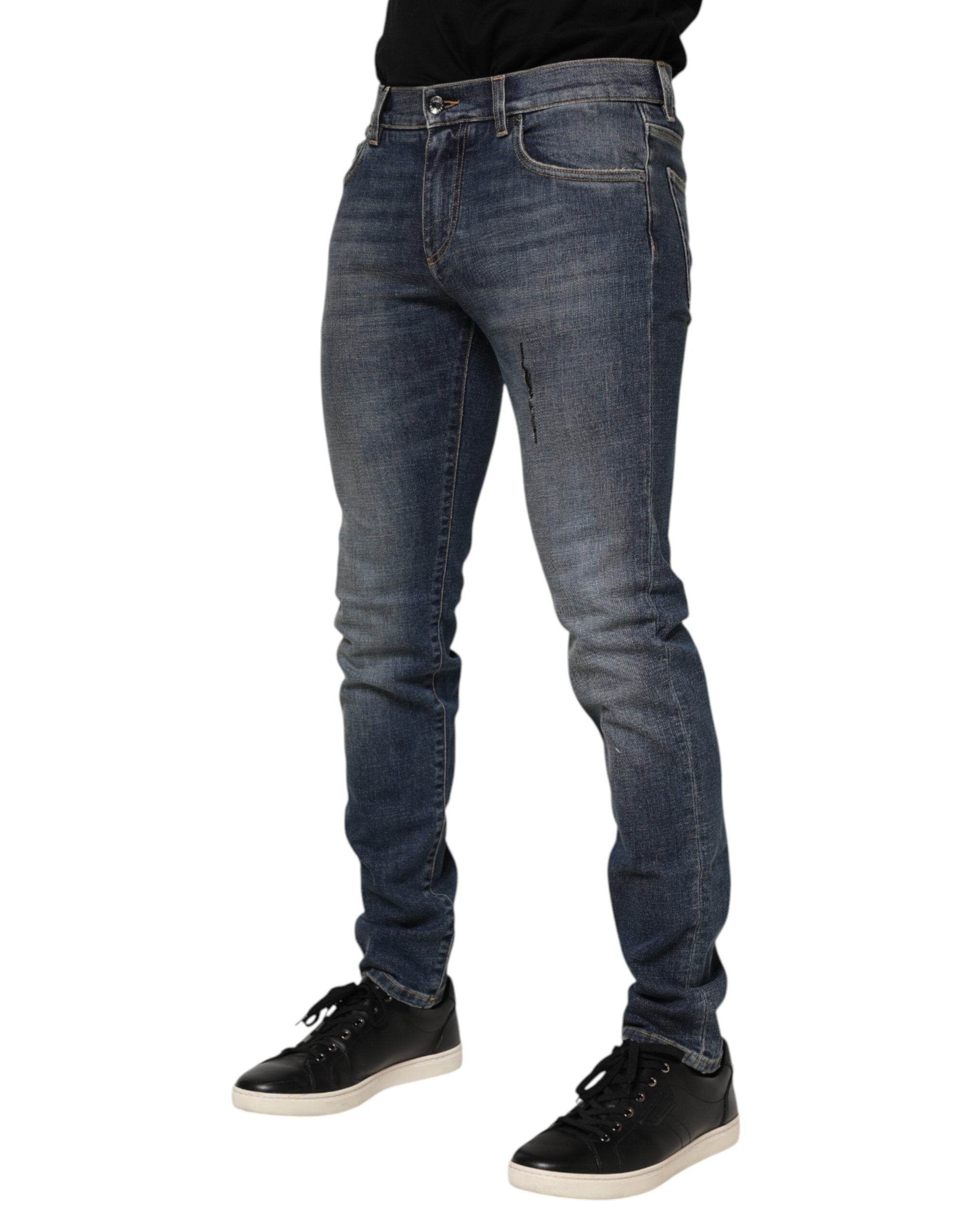 Dolce & Gabbana Blue Washed Skinny Logo Plaque Men Denim Jeans - Hilstor