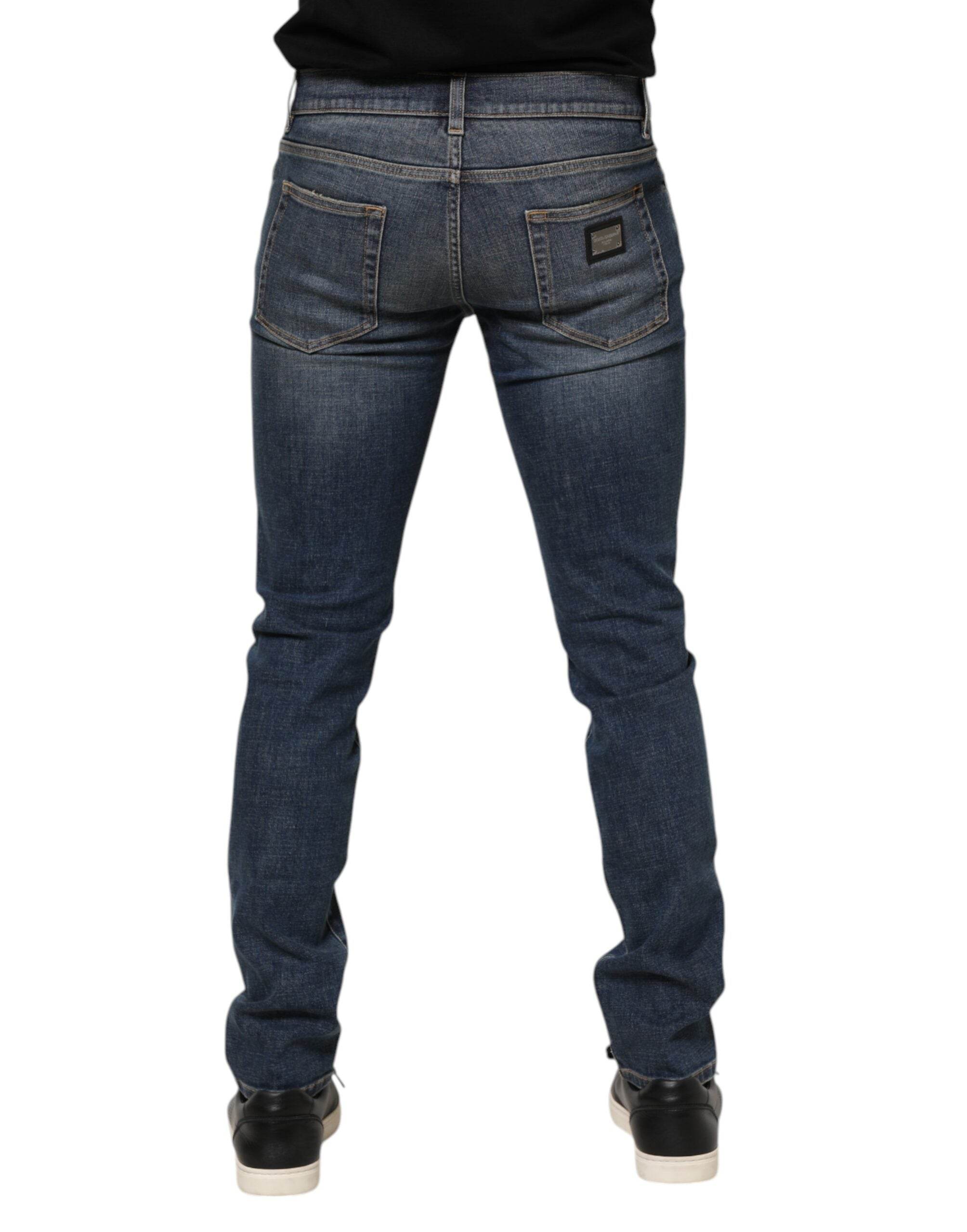Dolce & Gabbana Blue Washed Skinny Logo Plaque Men Denim Jeans - Hilstor