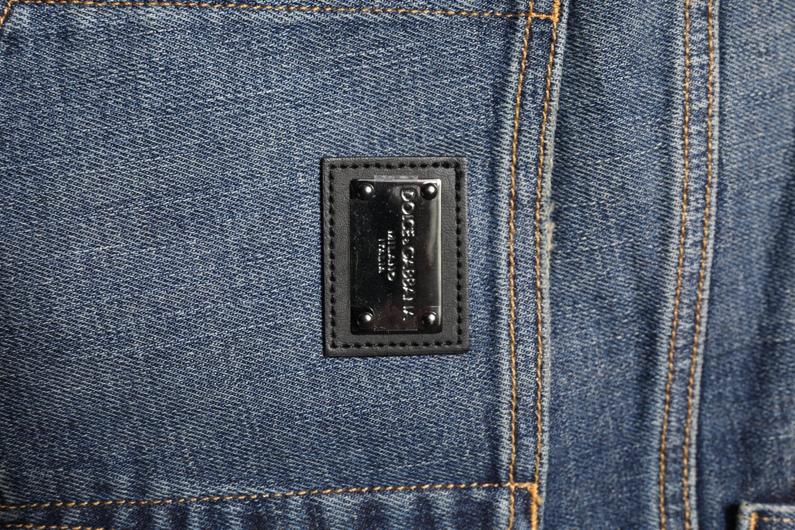 Dolce & Gabbana Blue Washed Skinny Logo Plaque Men Denim Jeans - Hilstor