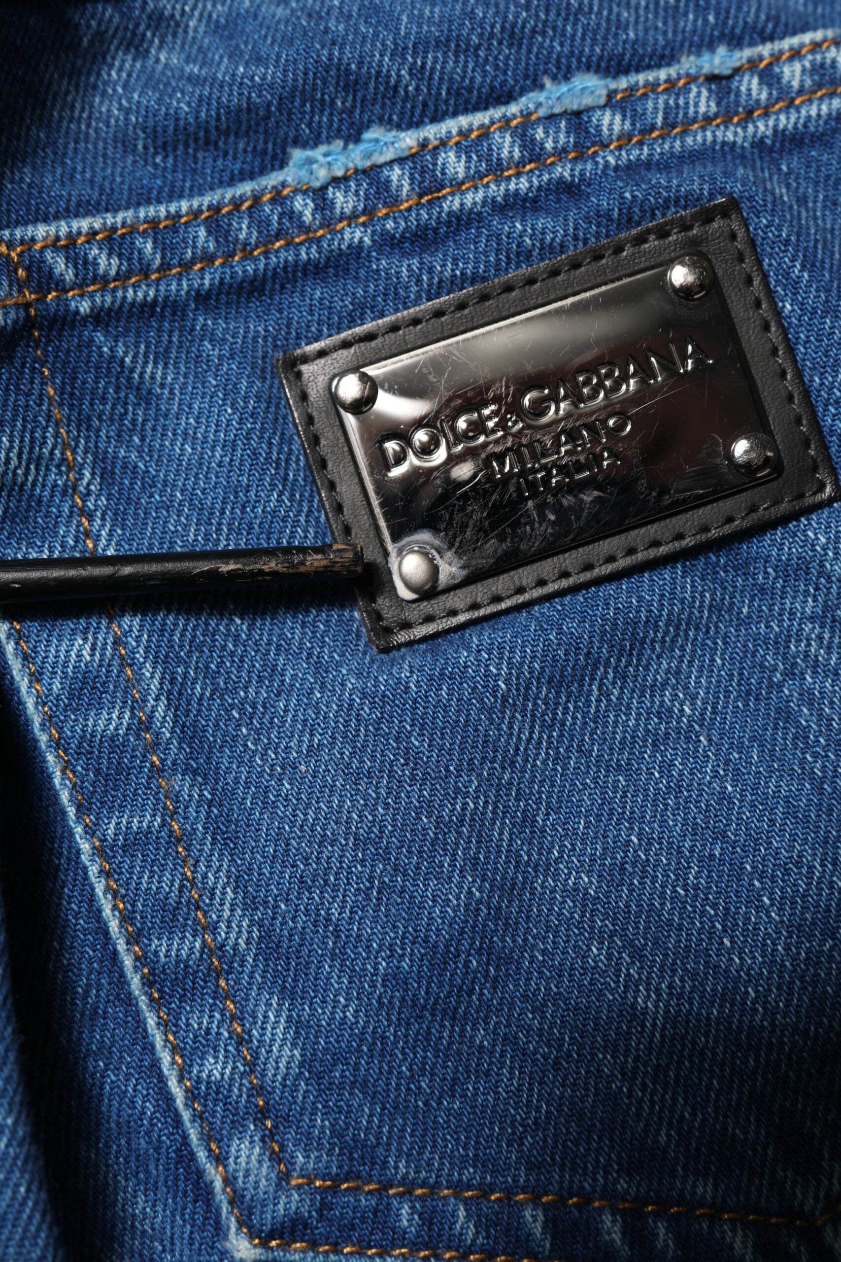 Dolce & Gabbana Blue Cotton Logo Plaque Denim Jeans - Hilstor