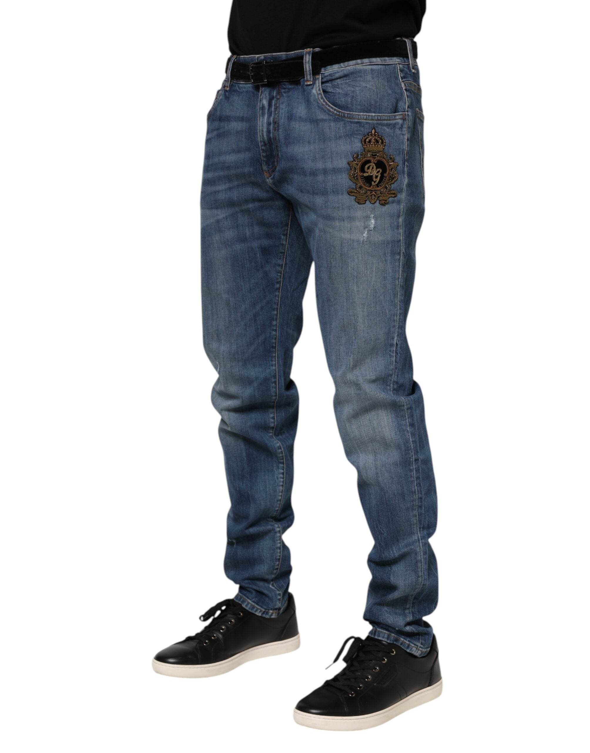 Dolce & Gabbana Blue Logo Embroidery Denim Jeans - Hilstor