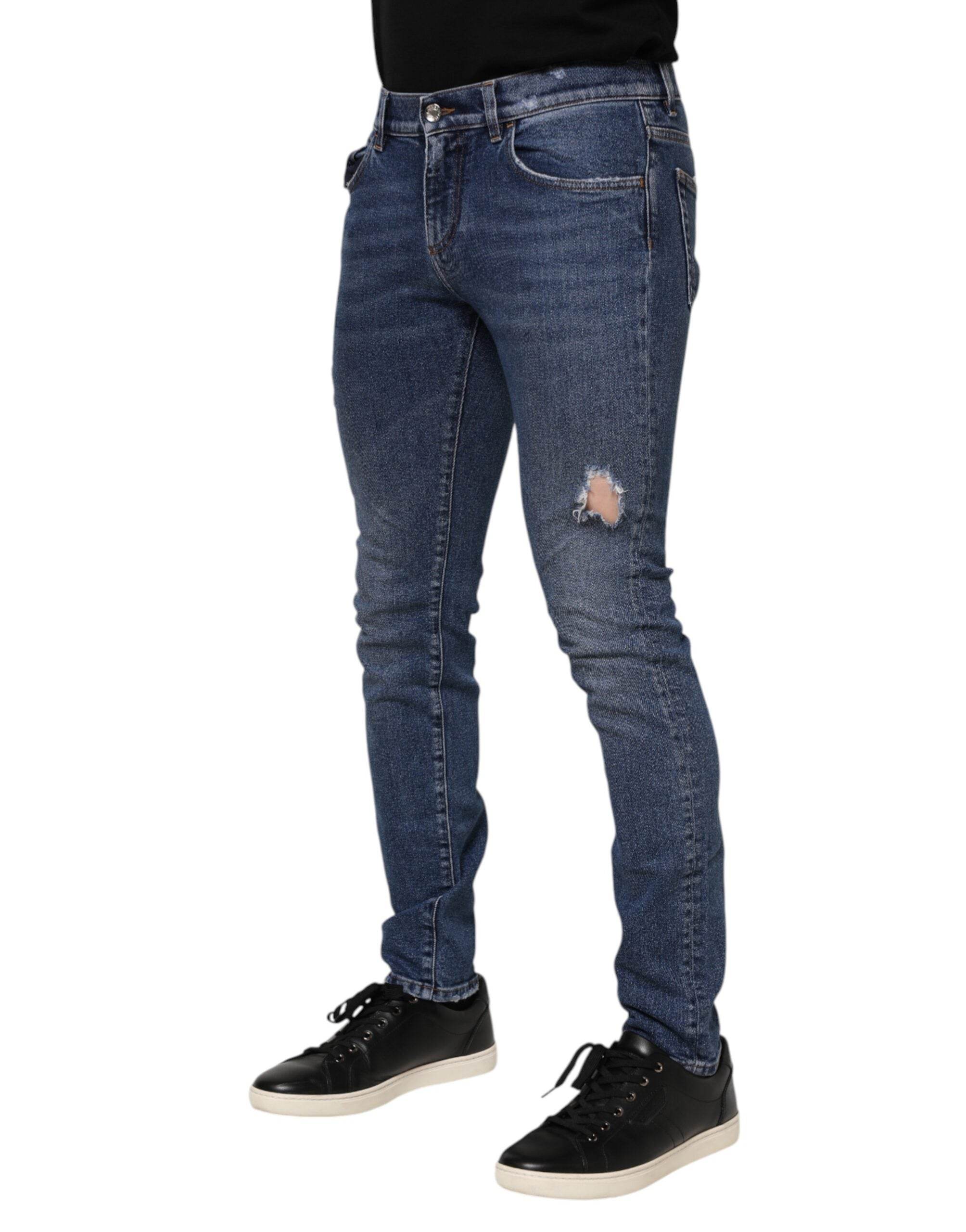Dolce & Gabbana Blue Cotton Logo Plaque Skinny Men Denim Jeans - Hilstor