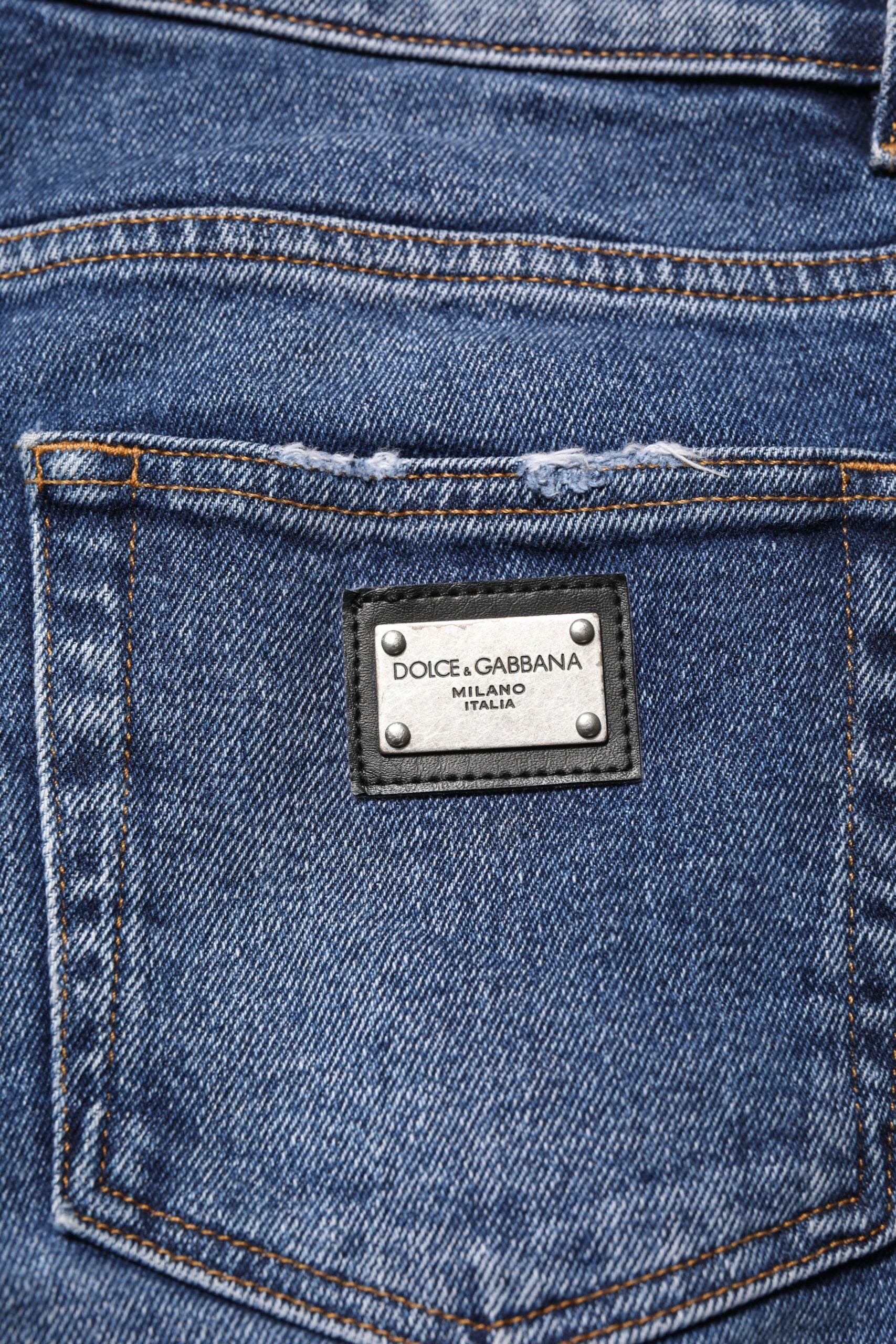Dolce & Gabbana Blue Cotton Logo Plaque Skinny Men Denim Jeans - Hilstor