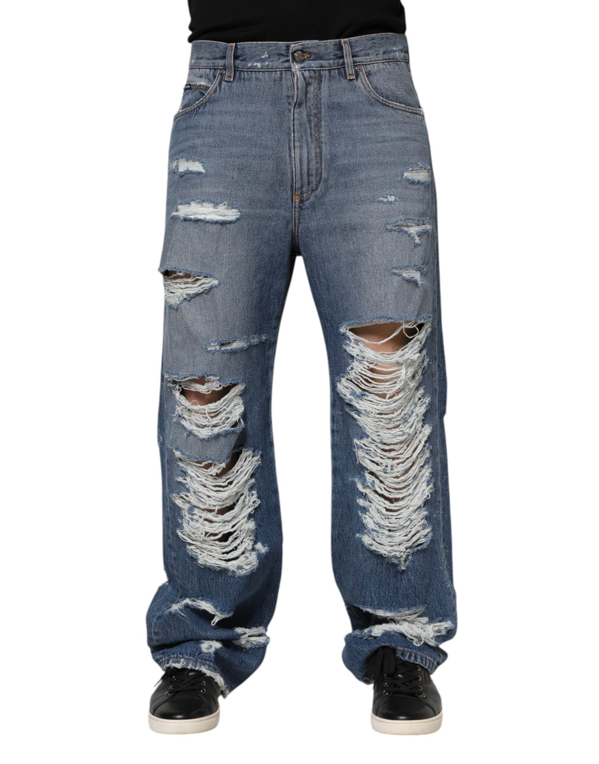 Dolce & Gabbana Blue Tattered Cotton Logo Plaque Denim Jeans - Hilstor