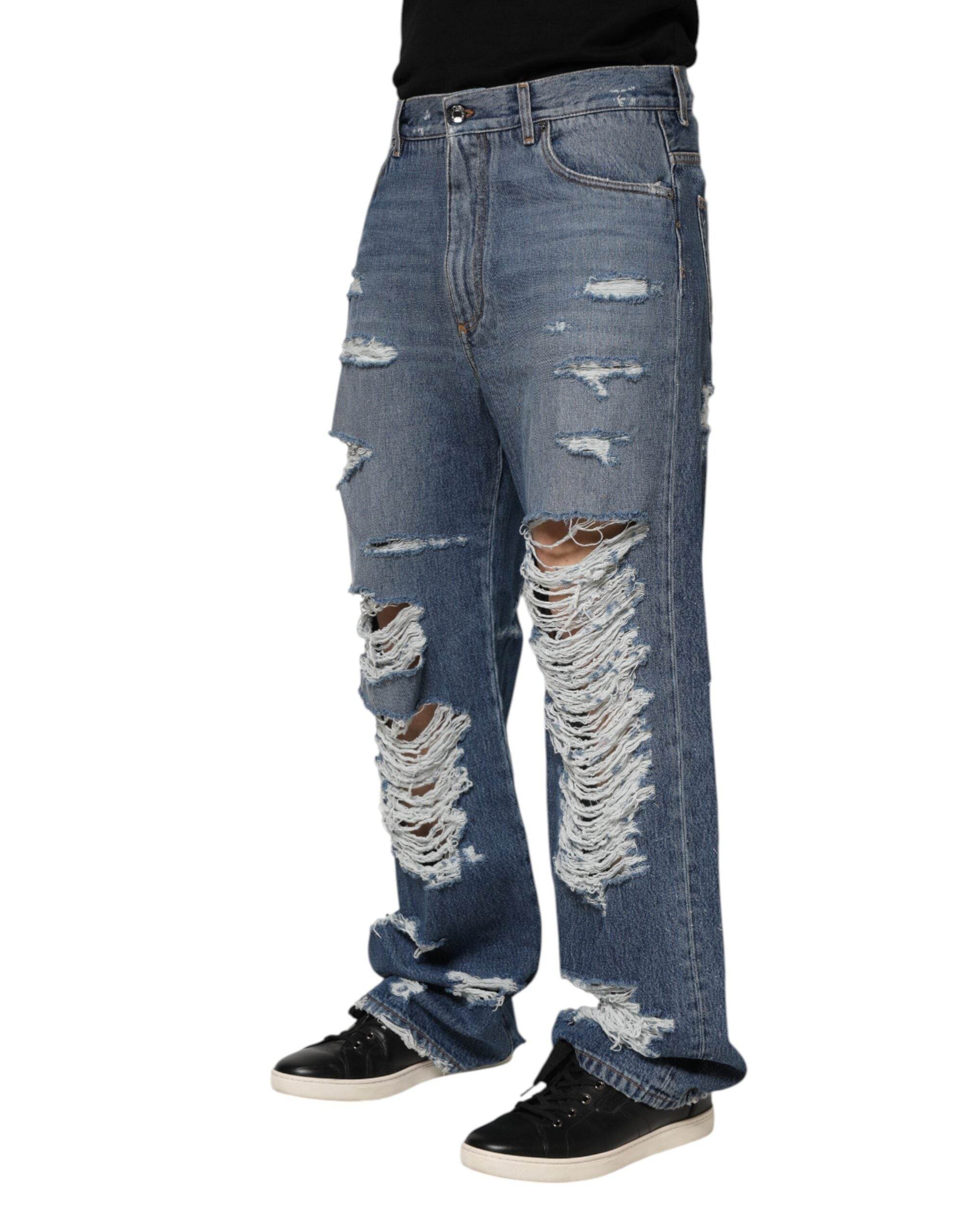 Dolce & Gabbana Blue Tattered Cotton Logo Plaque Denim Jeans - Hilstor