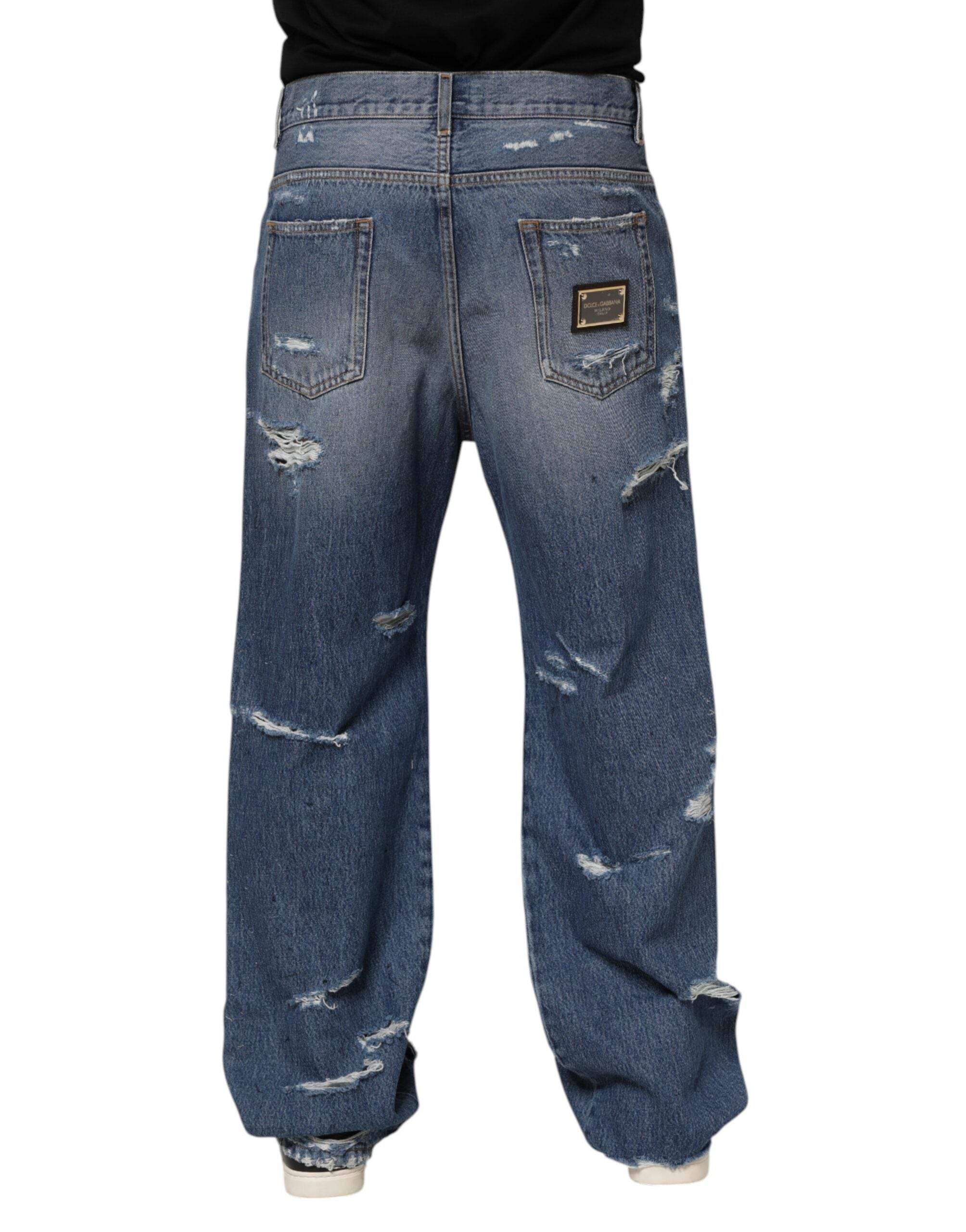 Dolce & Gabbana Blue Tattered Cotton Logo Plaque Denim Jeans - Hilstor