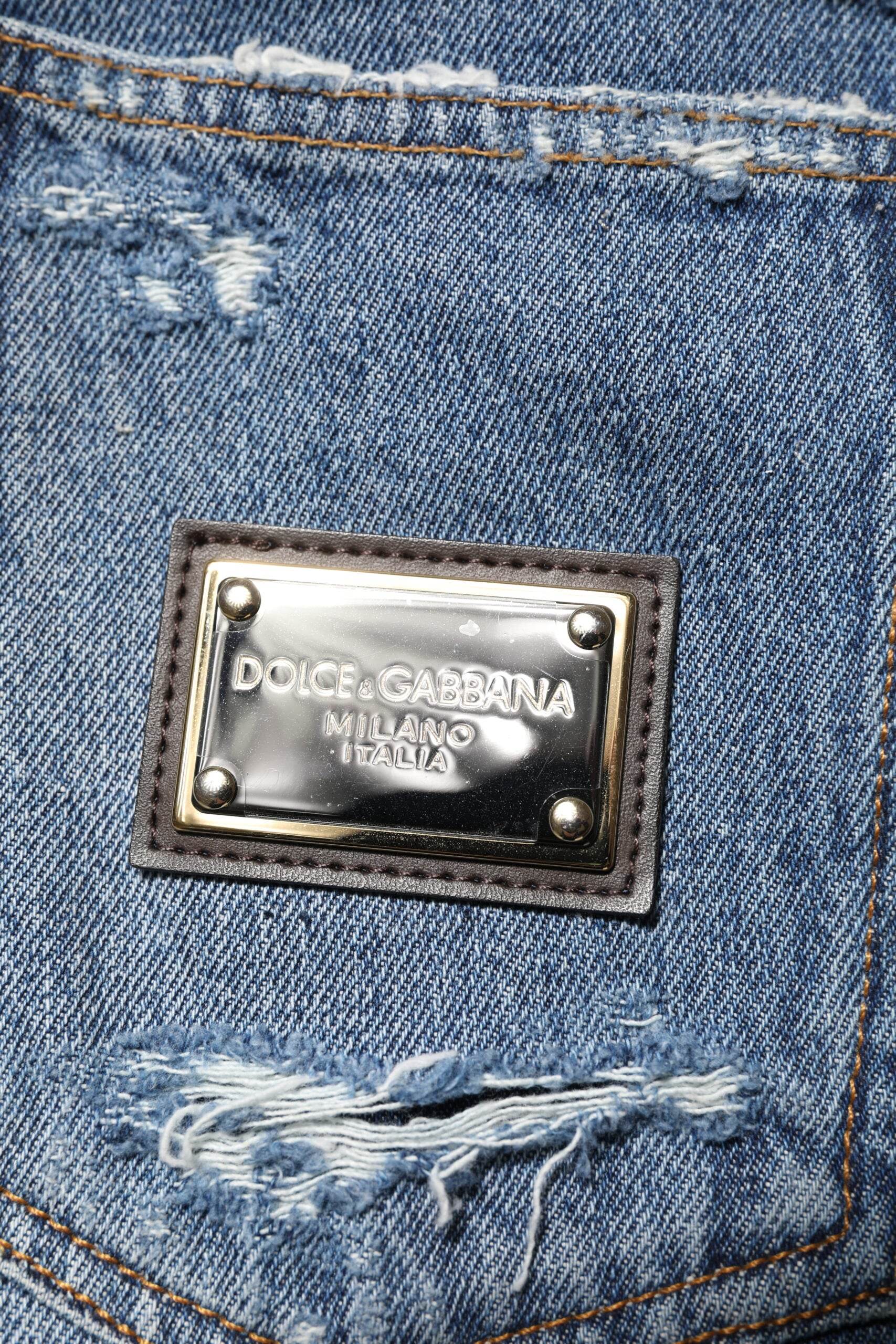 Dolce & Gabbana Blue Tattered Cotton Logo Plaque Denim Jeans - Hilstor