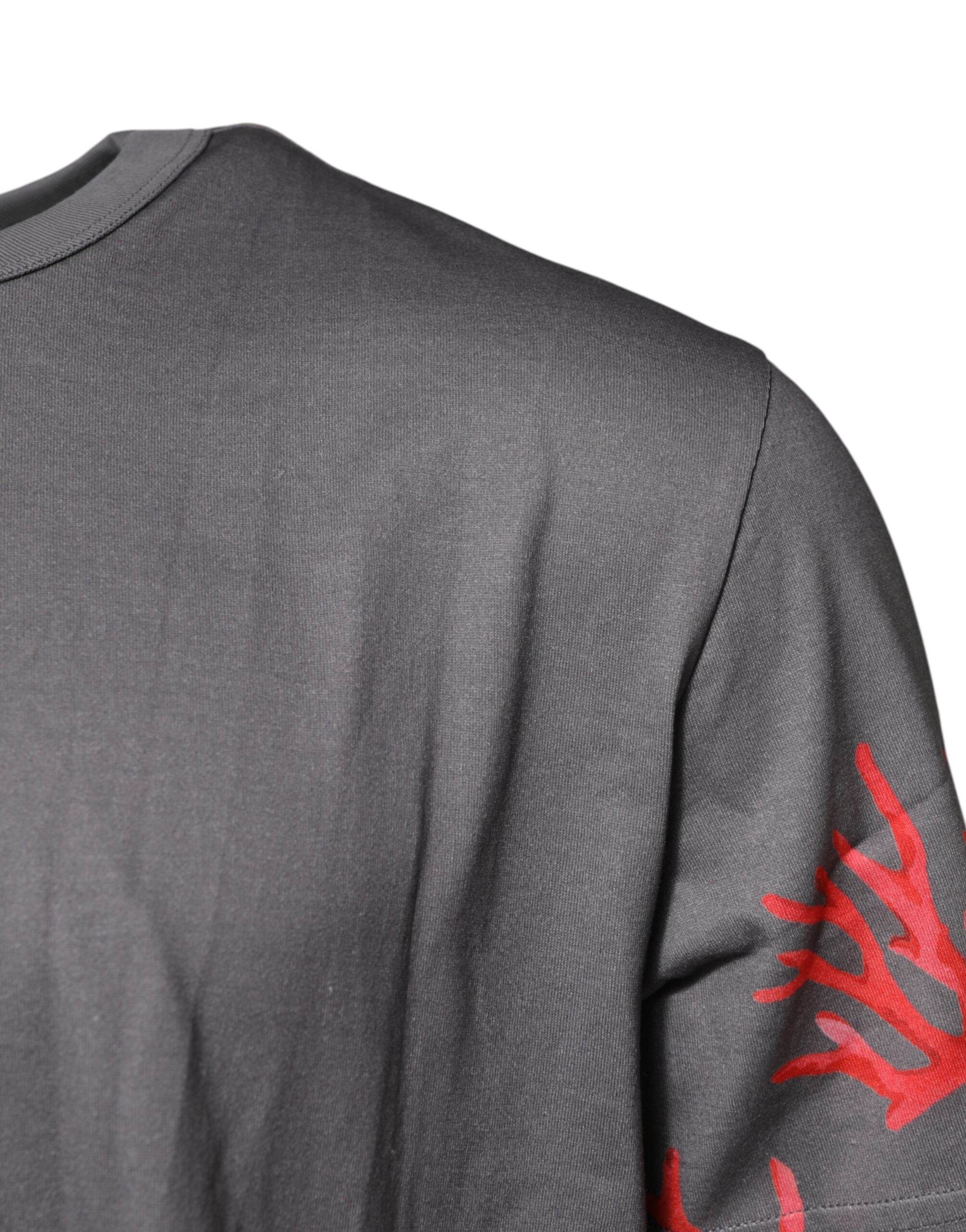 Dolce & Gabbana Gray Cotton Coral Print Logo Plaque T-shirt - Hilstor