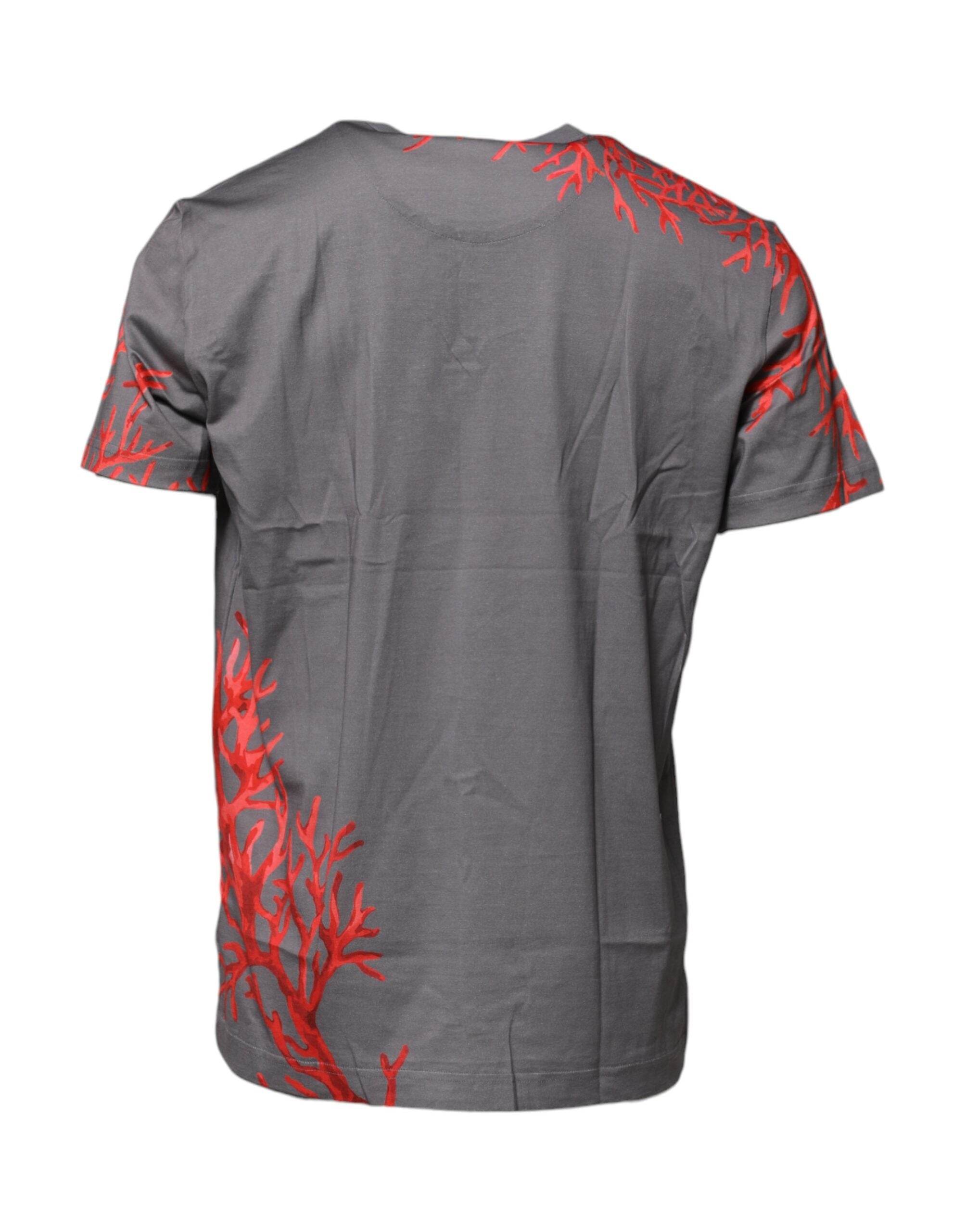 Dolce & Gabbana Gray Cotton Coral Print Logo Plaque T-shirt - Hilstor