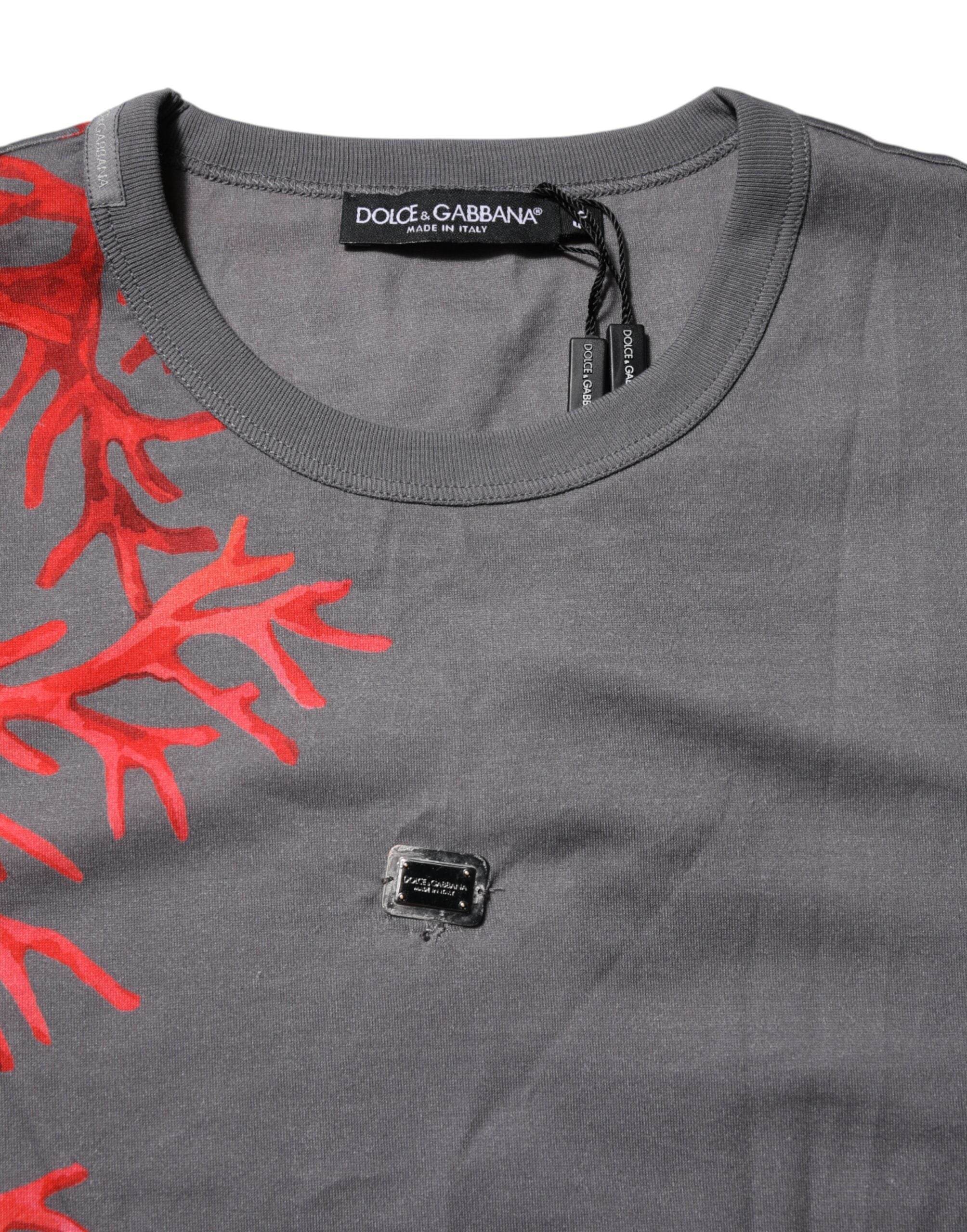 Dolce & Gabbana Gray Cotton Coral Print Logo Plaque T-shirt - Hilstor