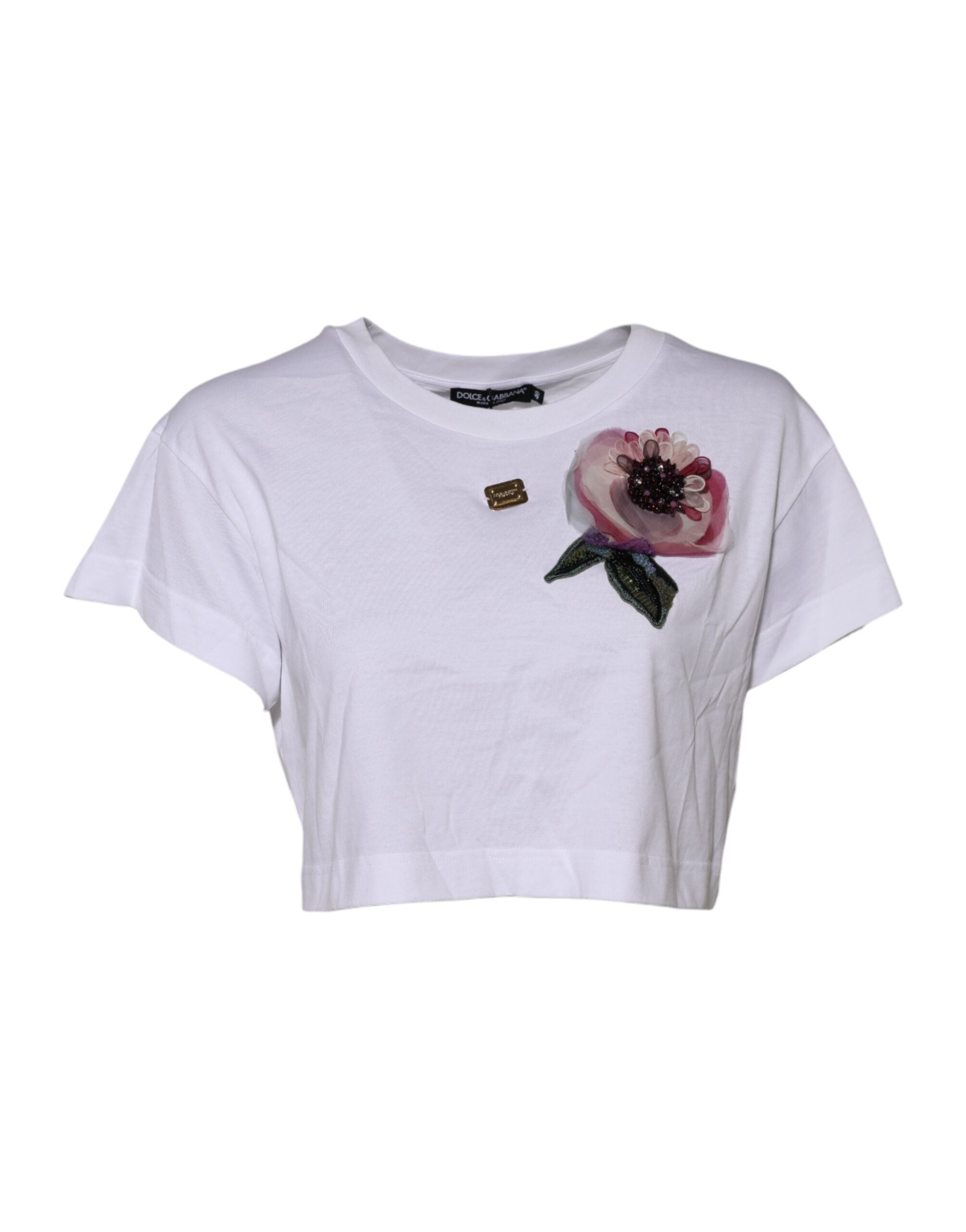 Dolce &amp; Gabbana Hvid Blomsterblonde Cropped T-shirt med DG-detaljer
