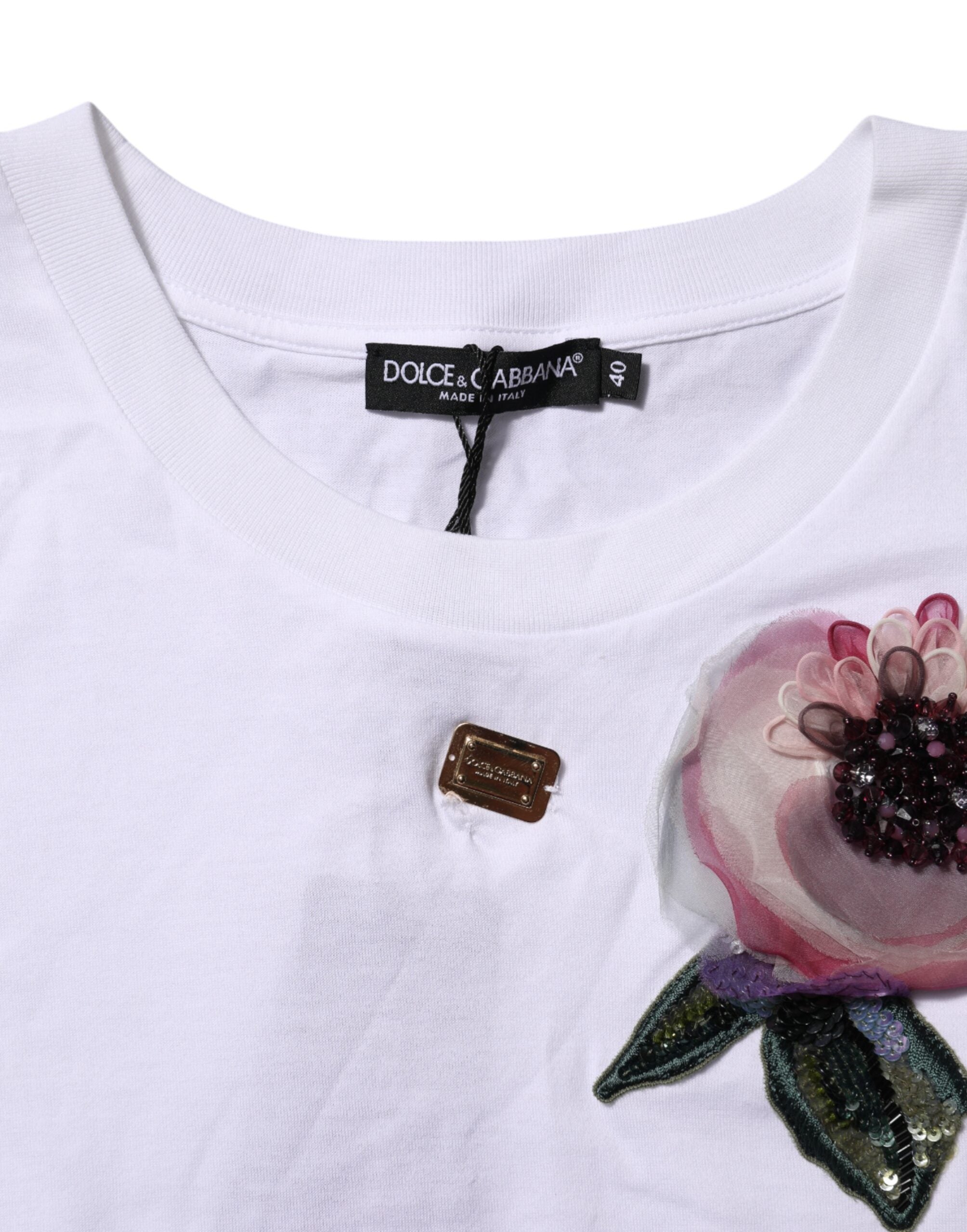 Dolce &amp; Gabbana Hvid Blomsterblonde Cropped T-shirt med DG-detaljer