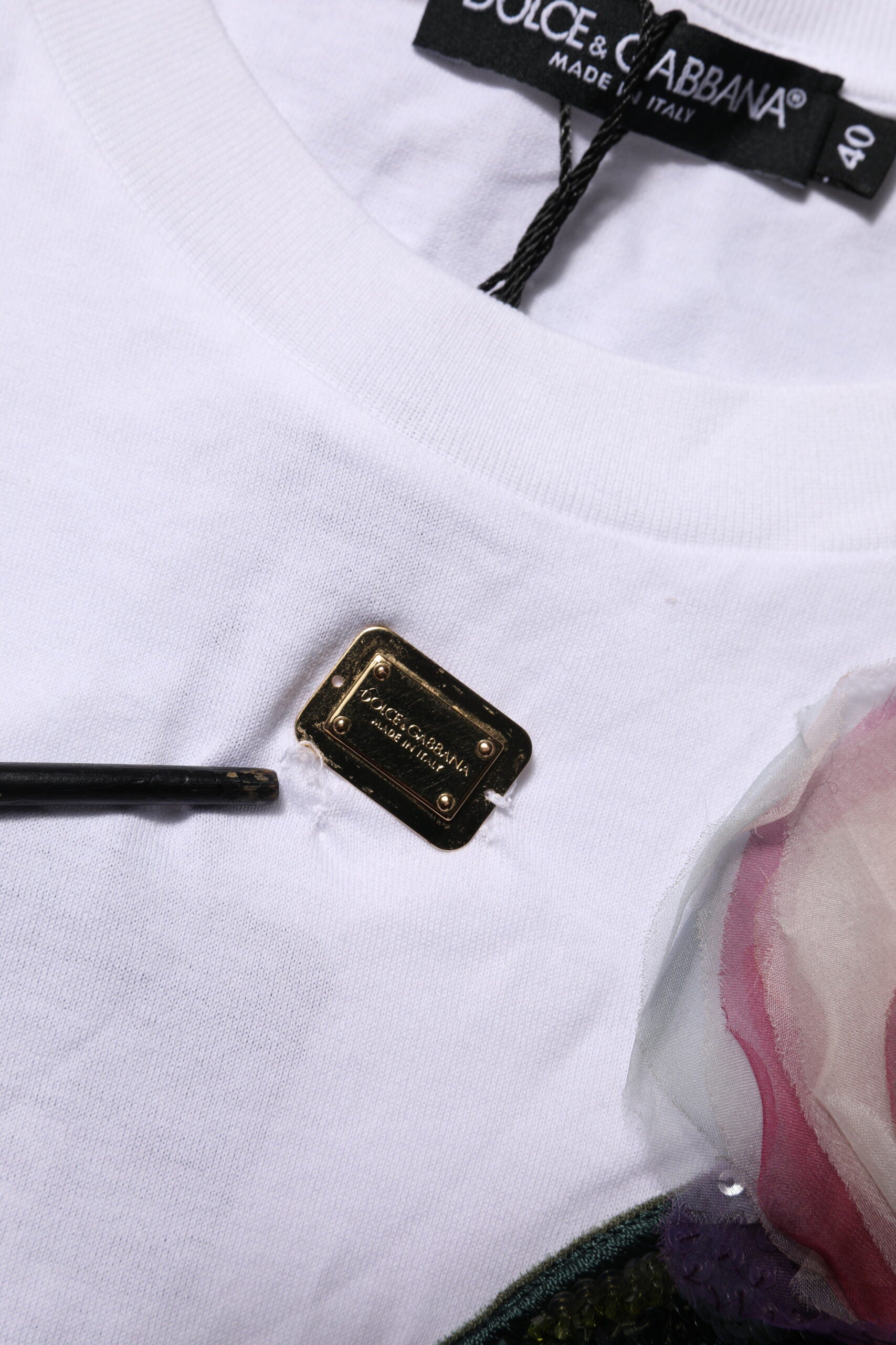 Dolce &amp; Gabbana Hvid Blomsterblonde Cropped T-shirt med DG-detaljer