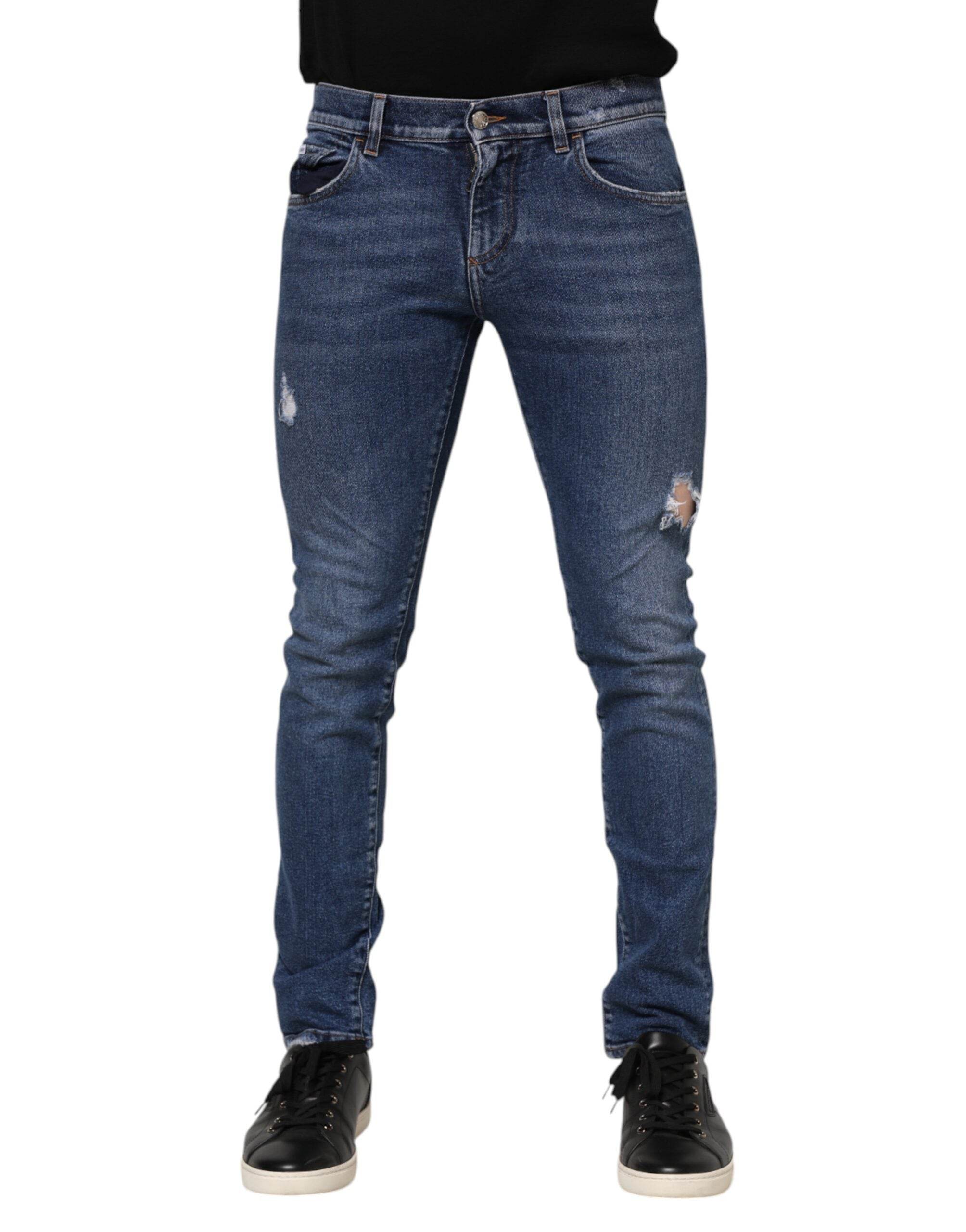 Dolce & Gabbana Blue Washed Skinny Cotton Tattered Denim Jeans - Hilstor
