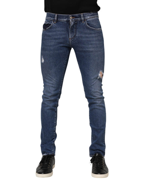 Dolce & Gabbana Blue Washed Skinny Cotton Tattered Denim Jeans - Hilstor
