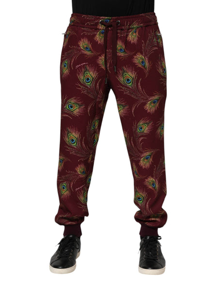 Dolce & Gabbana Burgundy Peacock Feather Print Jogger Pants - Hilstor