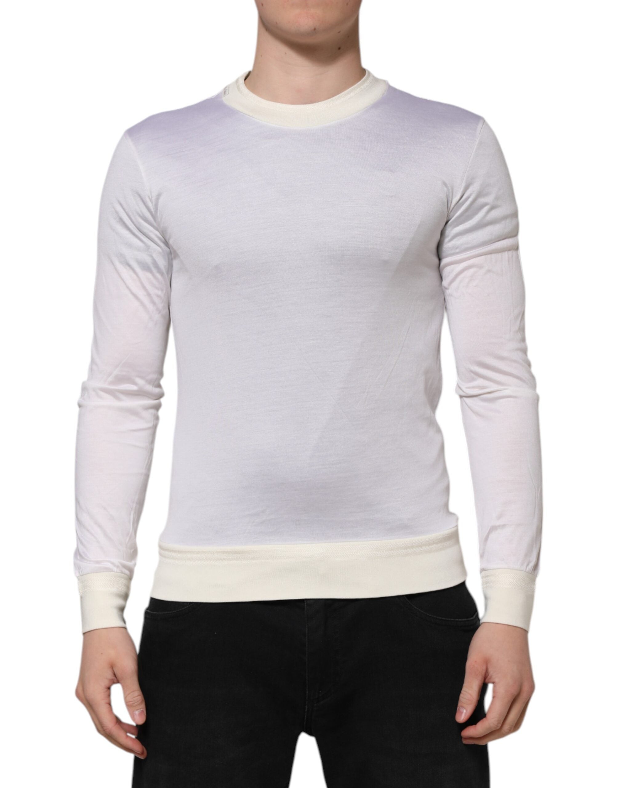 Dolce &amp; Gabbana Hvid Silke T-shirt med Rund Hals og Lange Ærmer