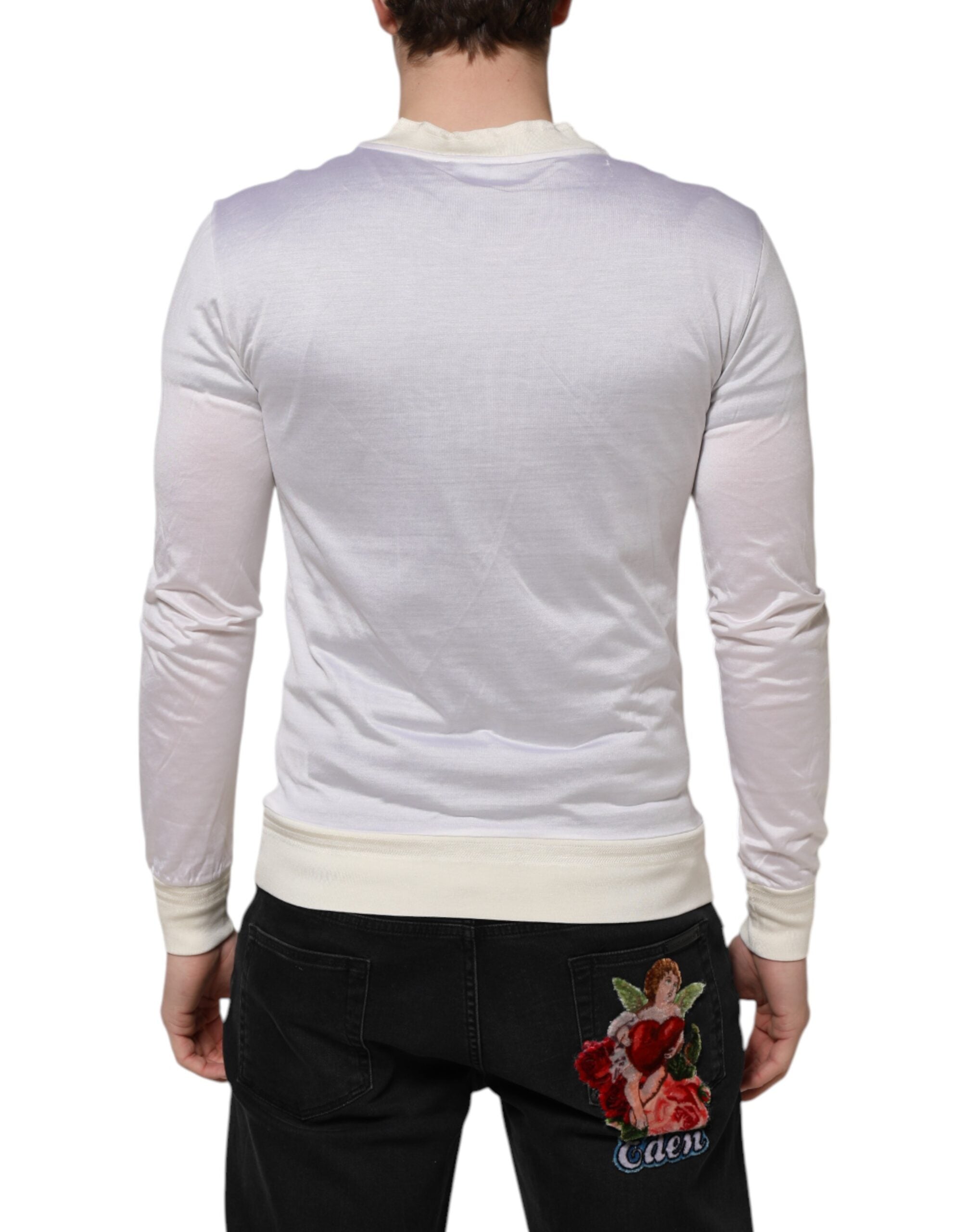 Dolce &amp; Gabbana Hvid Silke T-shirt med Rund Hals og Lange Ærmer