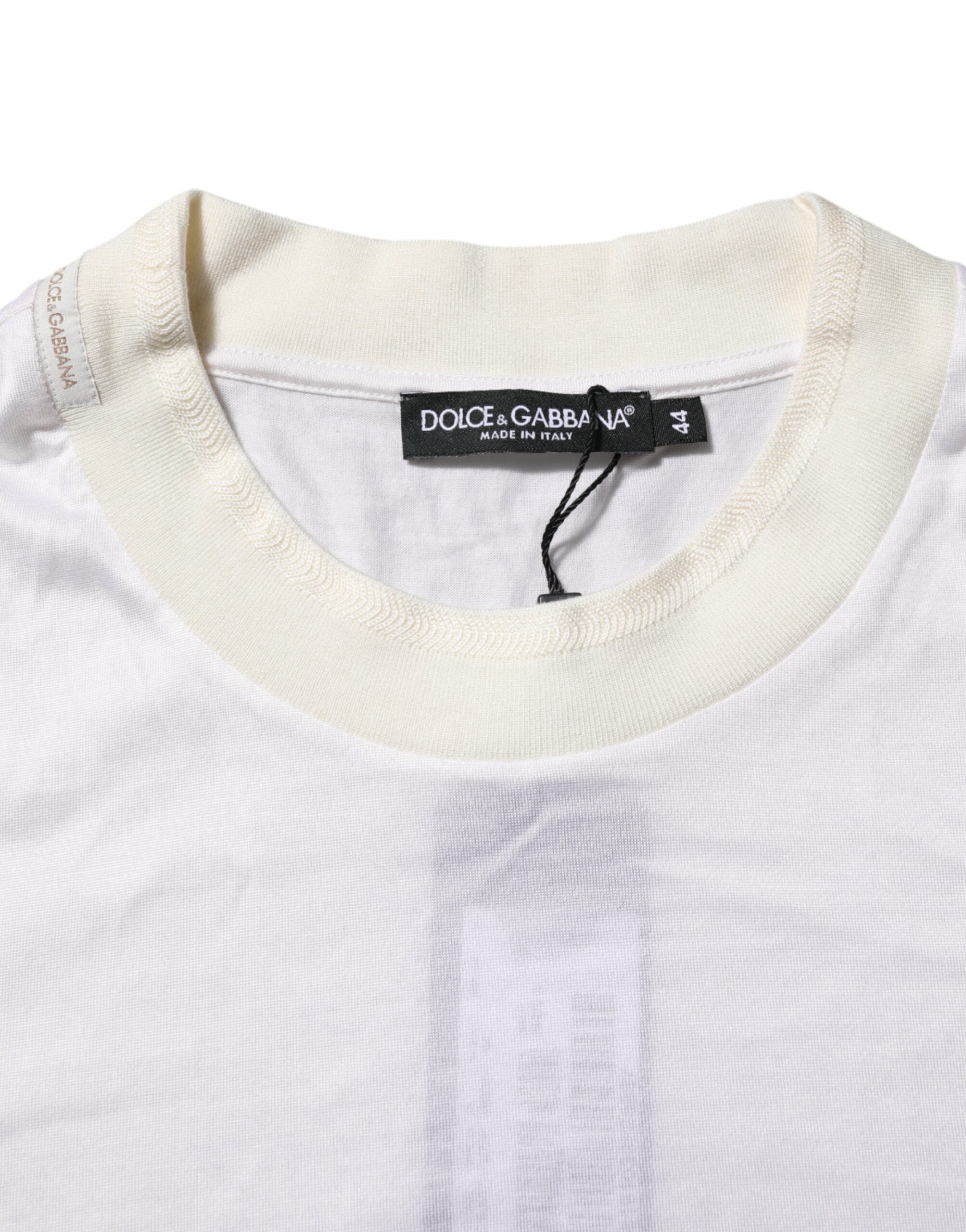 Dolce &amp; Gabbana Hvid Silke T-shirt med Rund Hals og Lange Ærmer