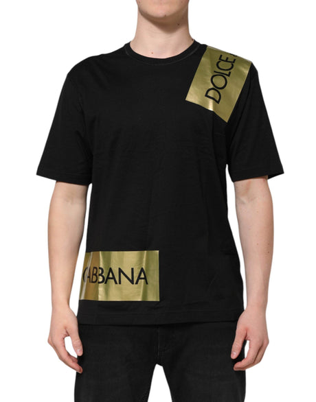Dolce & Gabbana Black Logo Tape Cotton Men Crew Neck T-shirt - Hilstor
