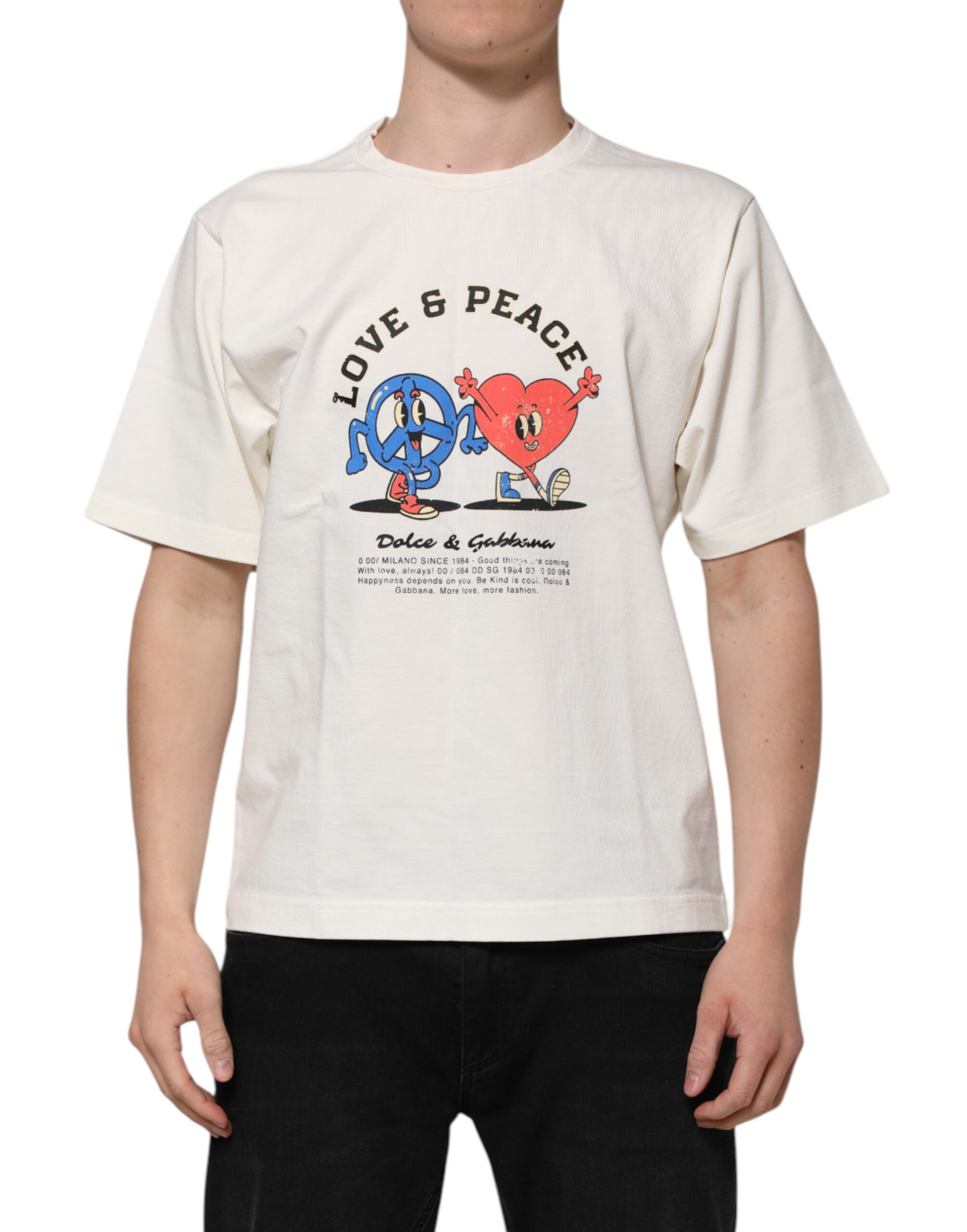 Dolce &amp; Gabbana Vit Love Peace Bomull Herr T-shirt med Rund Hals