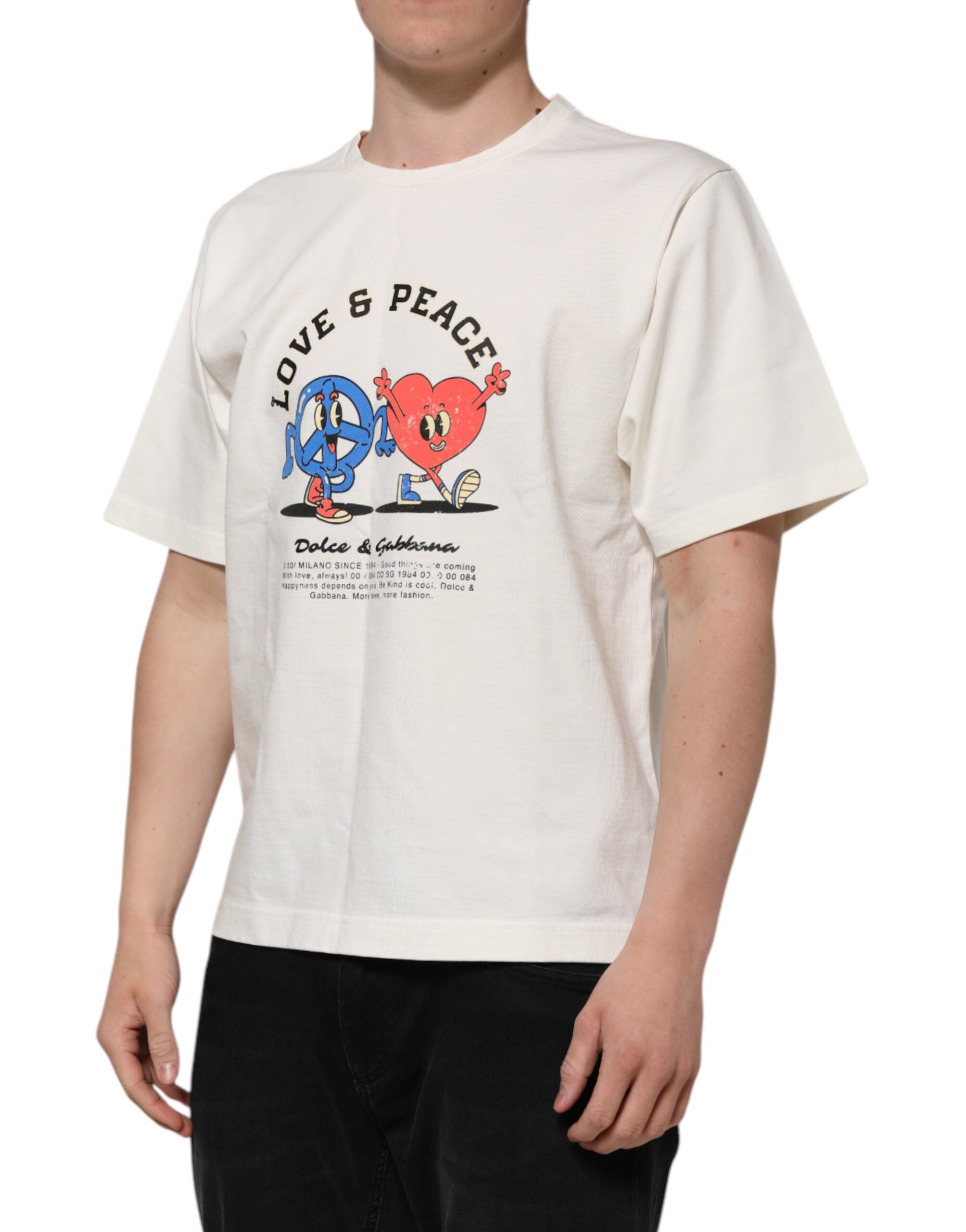 Dolce &amp; Gabbana Vit Love Peace Bomull Herr T-shirt med Rund Hals