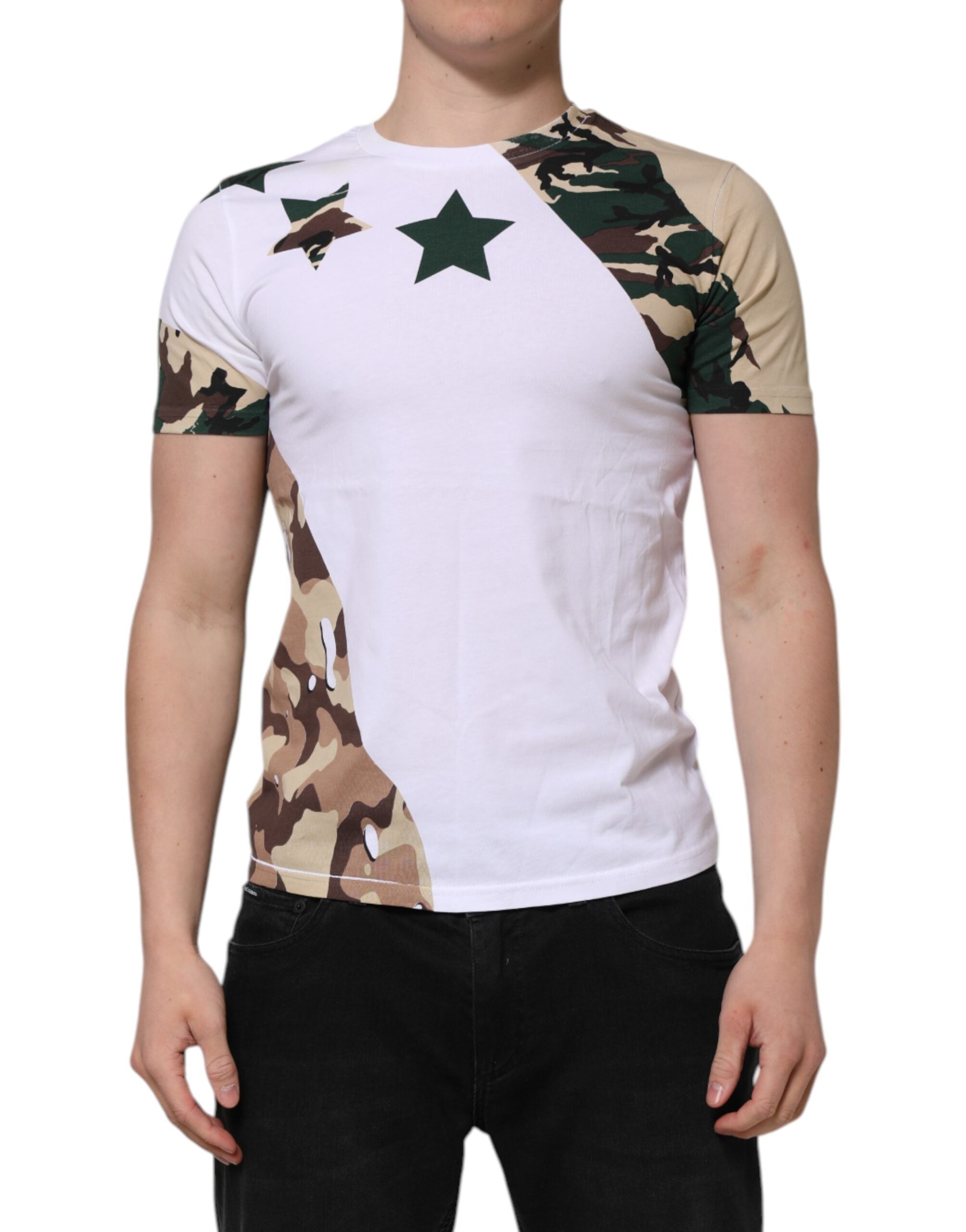 Dolce &amp; Gabbana Vit Kamouflage Bomull Herr T-shirt Med Rund Hals