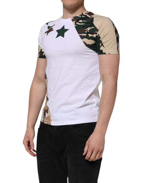 Dolce &amp; Gabbana Vit Kamouflage Bomull Herr T-shirt Med Rund Hals