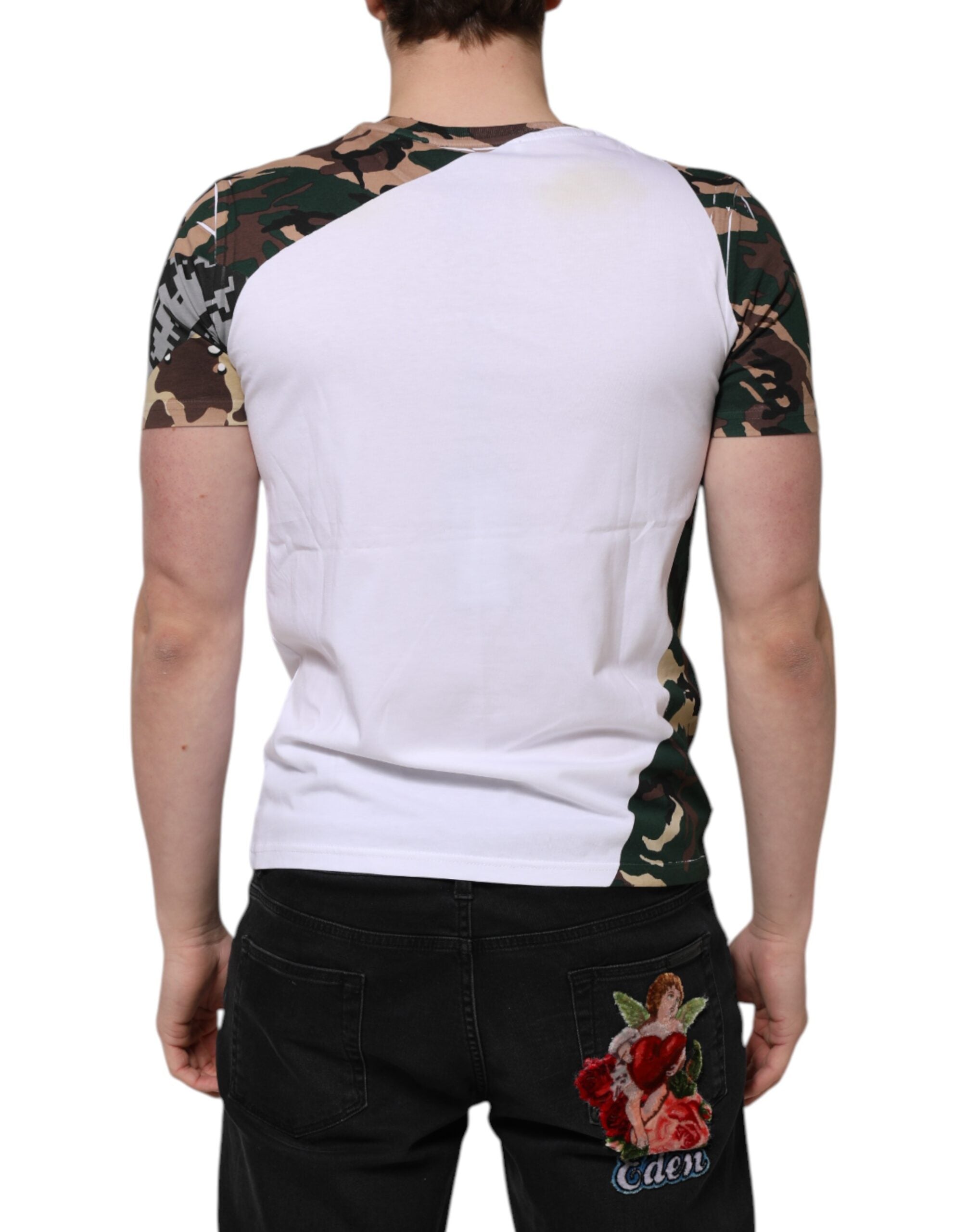Dolce &amp; Gabbana Vit Kamouflage Bomull Herr T-shirt Med Rund Hals
