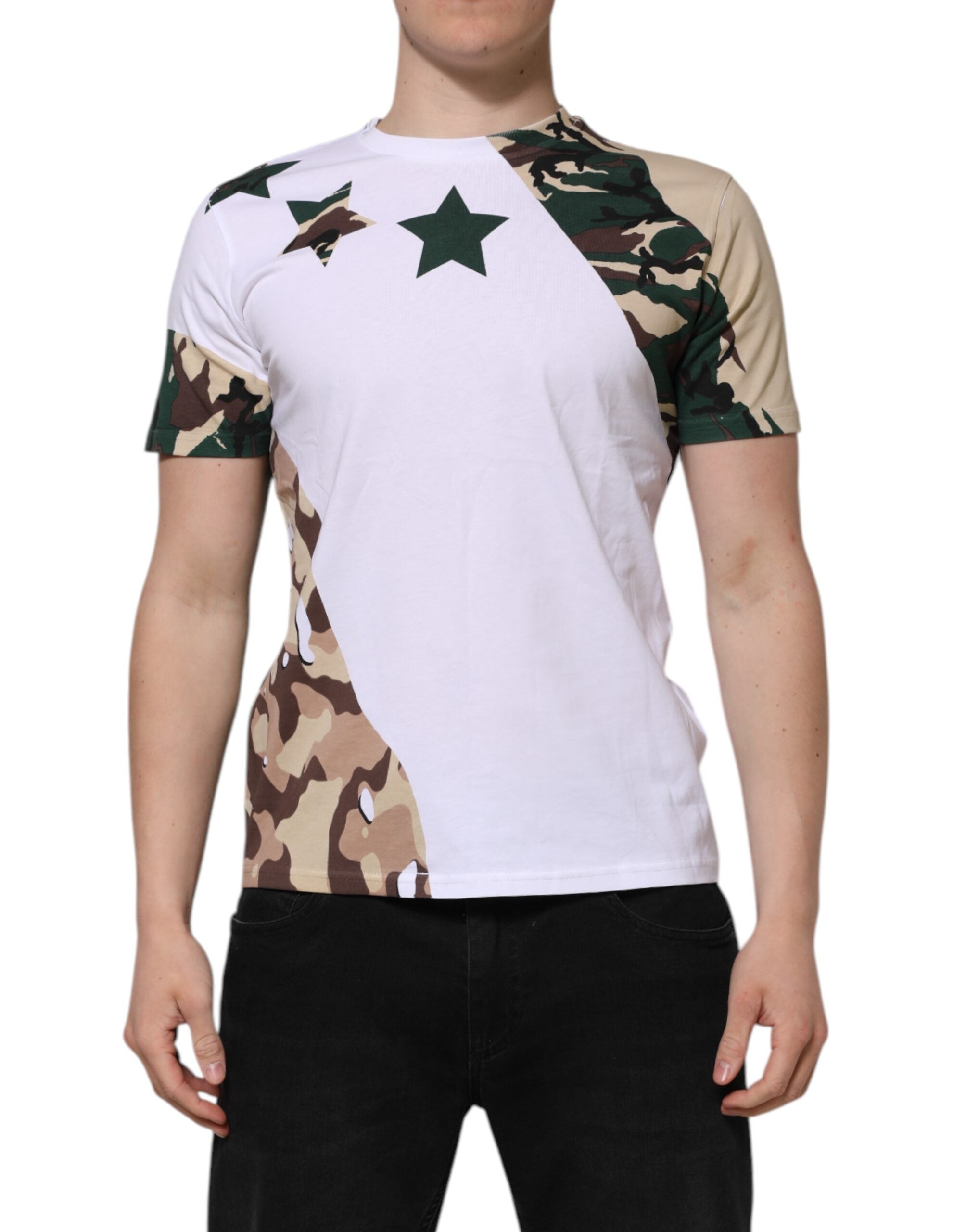 Dolce &amp; Gabbana Vit Kamouflage Bomull Herr T-shirt Med Rund Hals
