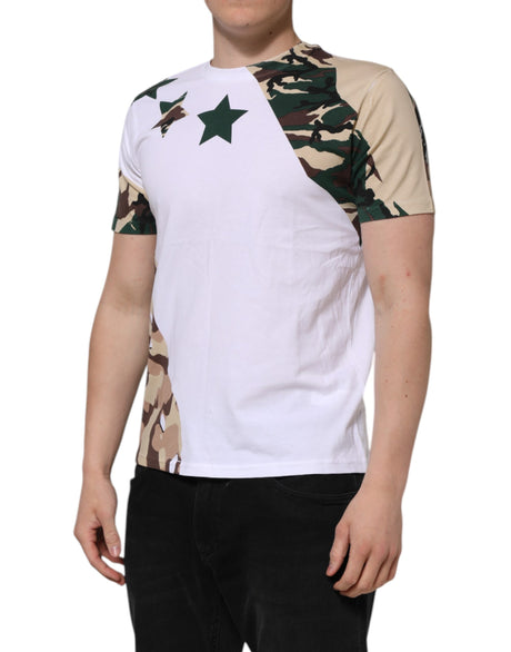 Dolce &amp; Gabbana Vit Kamouflage Bomull Herr T-shirt Med Rund Hals