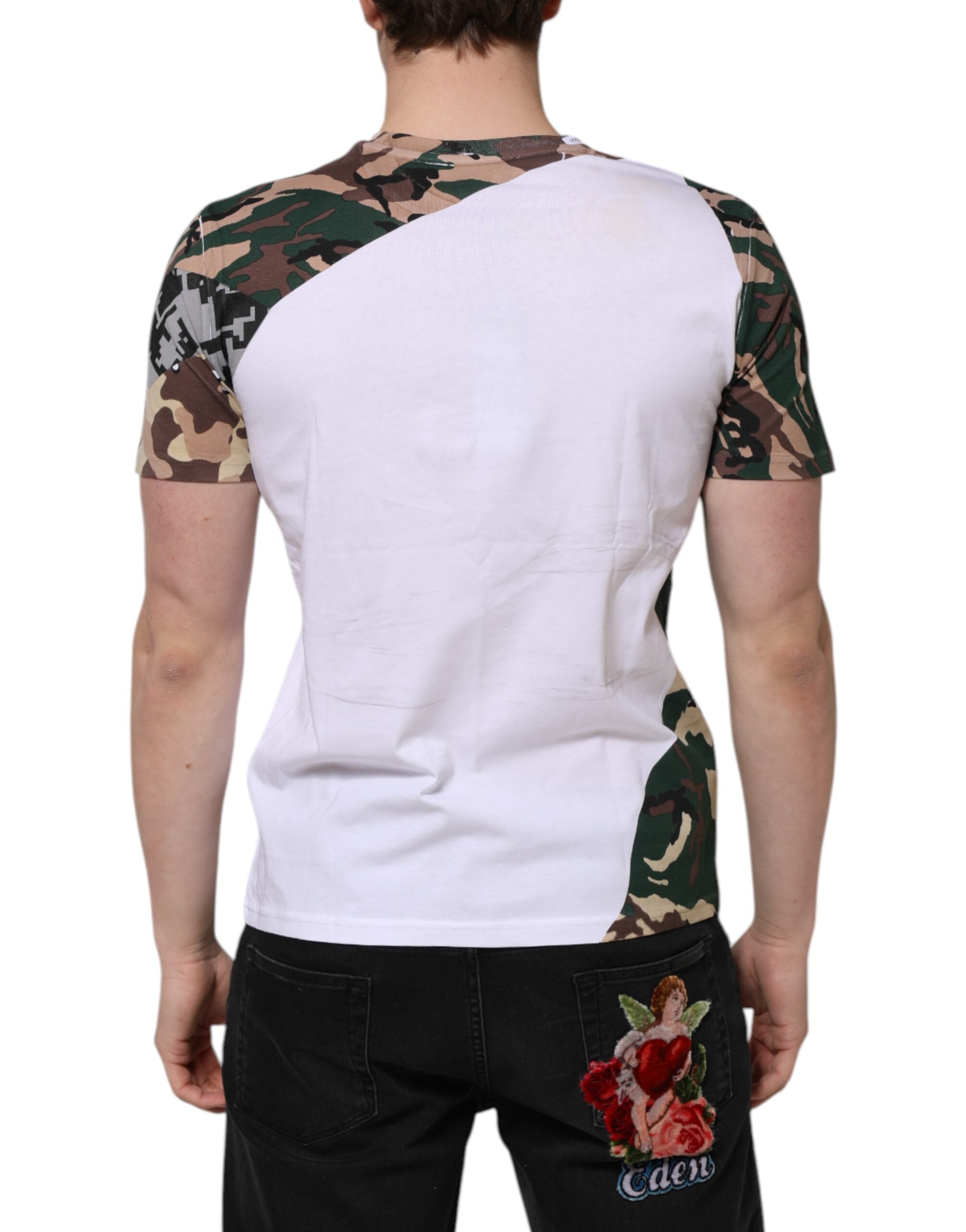 Dolce &amp; Gabbana Vit Kamouflage Bomull Herr T-shirt Med Rund Hals