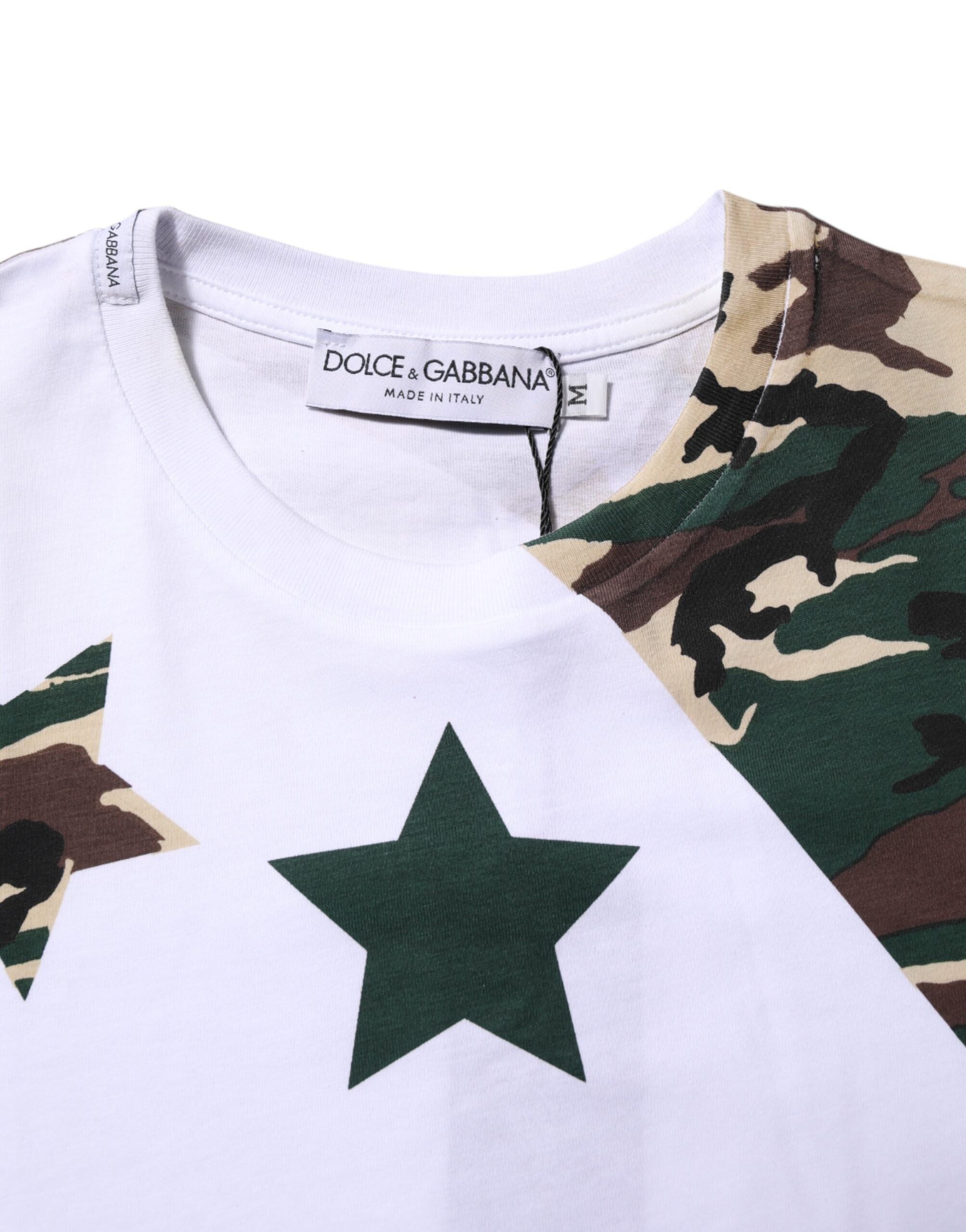Dolce &amp; Gabbana Vit Kamouflage Bomull Herr T-shirt Med Rund Hals