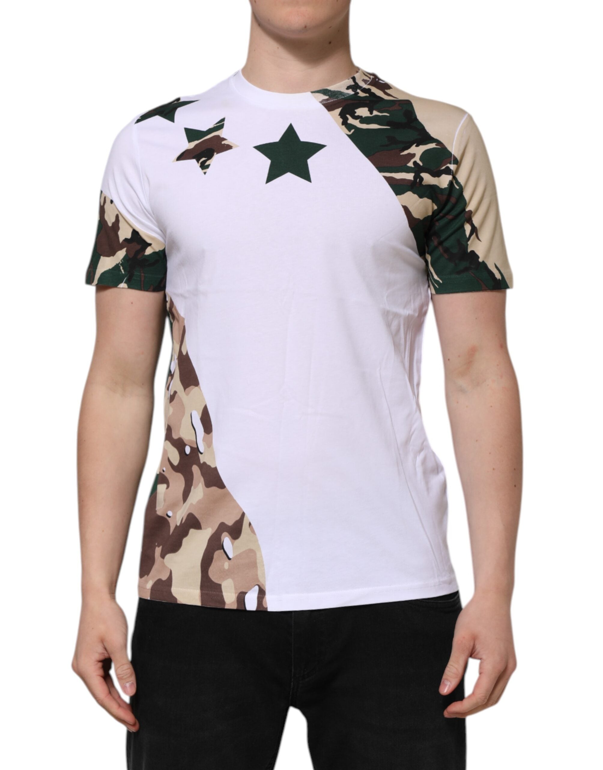 Dolce &amp; Gabbana Vit Kamouflage Bomull Herr T-shirt Med Rund Hals