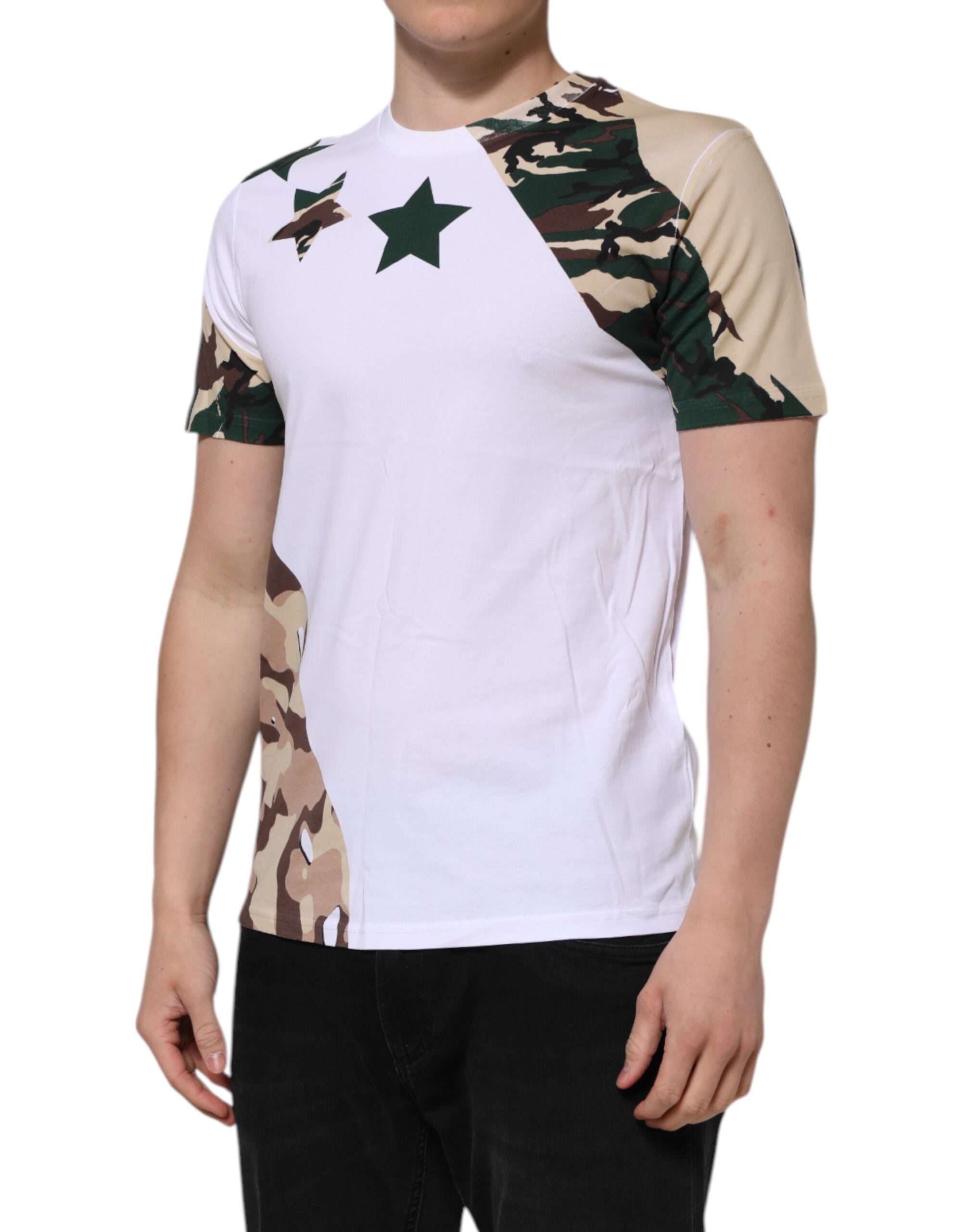 Dolce &amp; Gabbana Vit Kamouflage Bomull Herr T-shirt Med Rund Hals