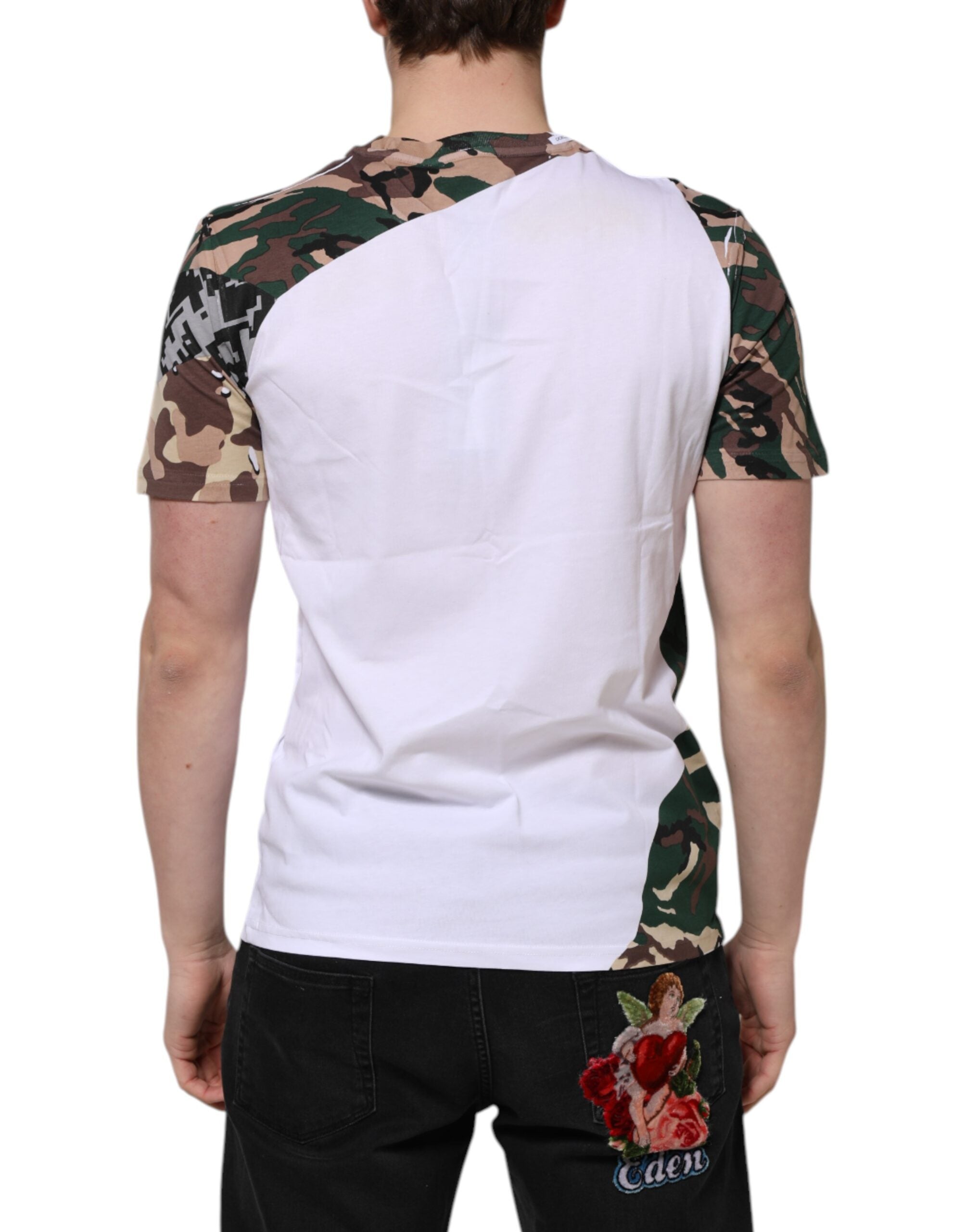 Dolce &amp; Gabbana Vit Kamouflage Bomull Herr T-shirt Med Rund Hals