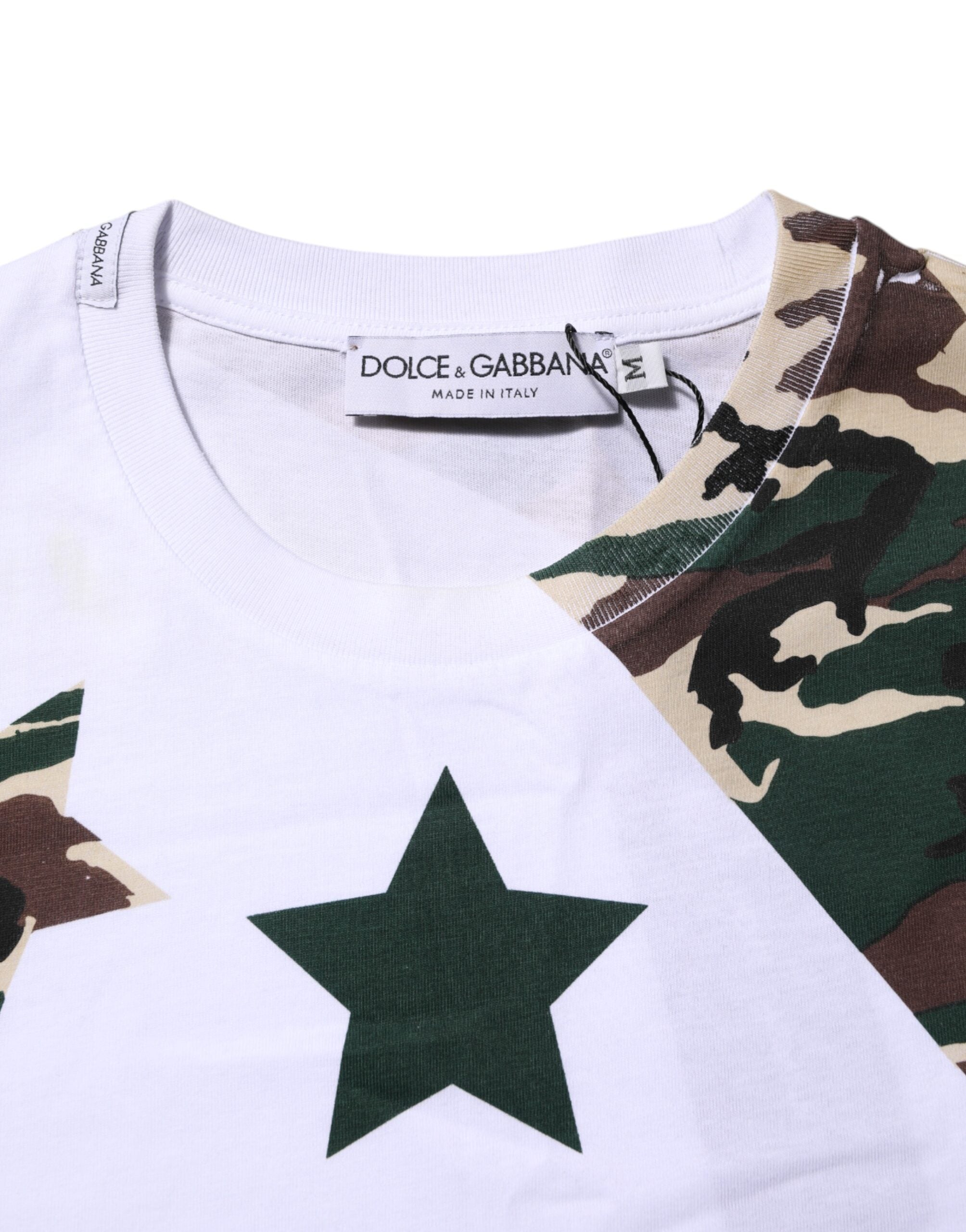 Dolce &amp; Gabbana Vit Kamouflage Bomull Herr T-shirt Med Rund Hals