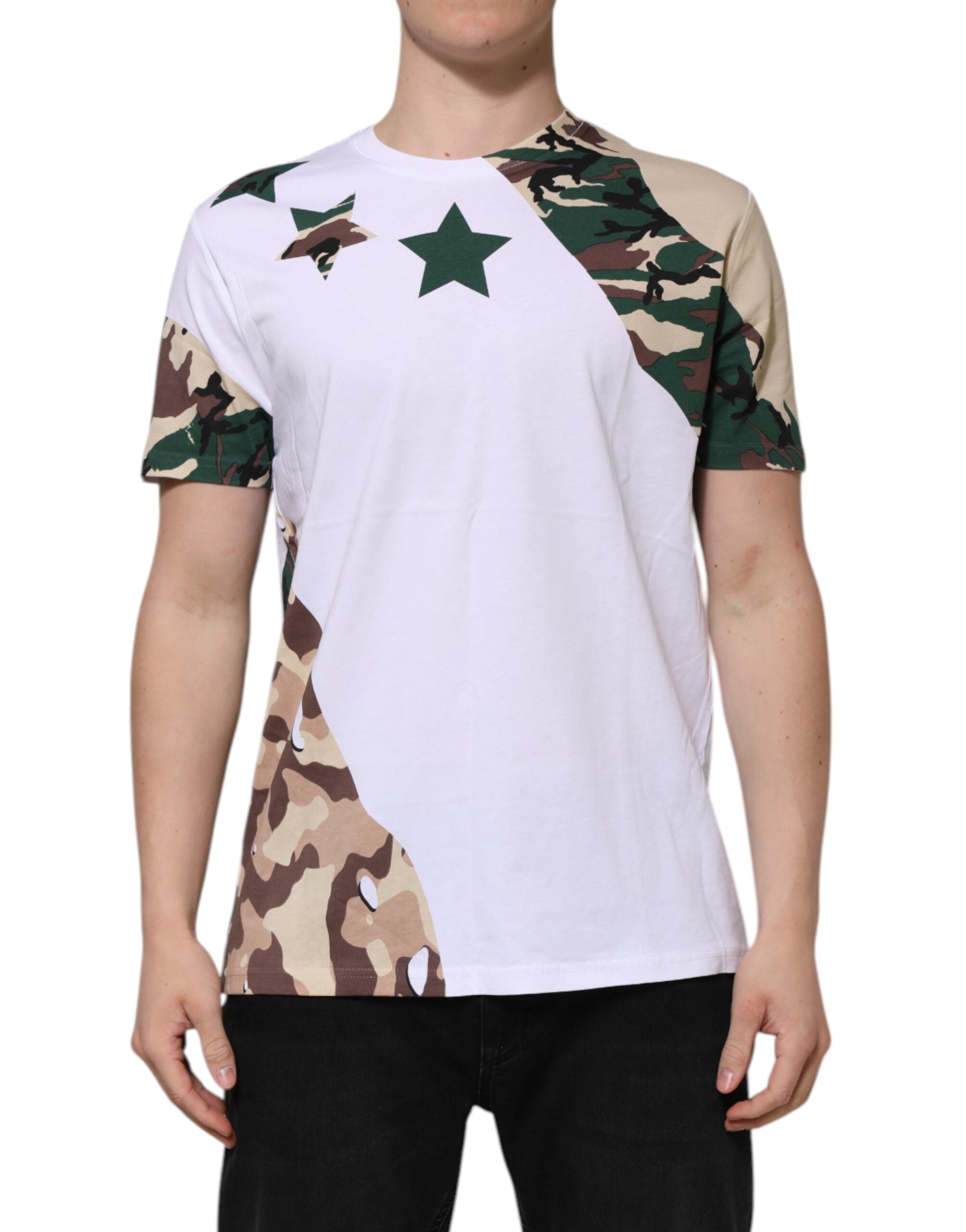 Dolce &amp; Gabbana Hvid Camouflage Bomuld Herre T-shirt med Rund Hals