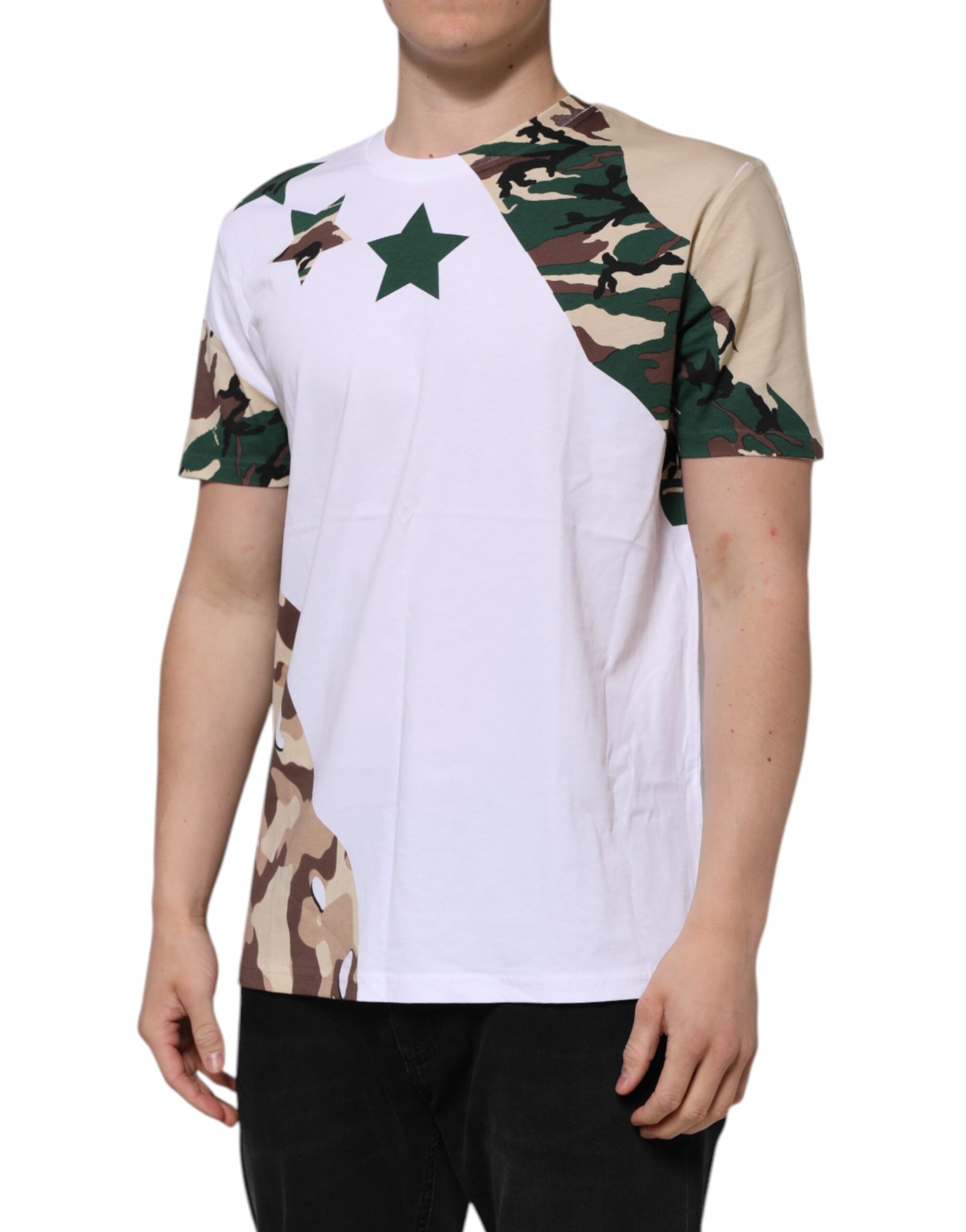 Dolce &amp; Gabbana Hvid Camouflage Bomuld Herre T-shirt med Rund Hals