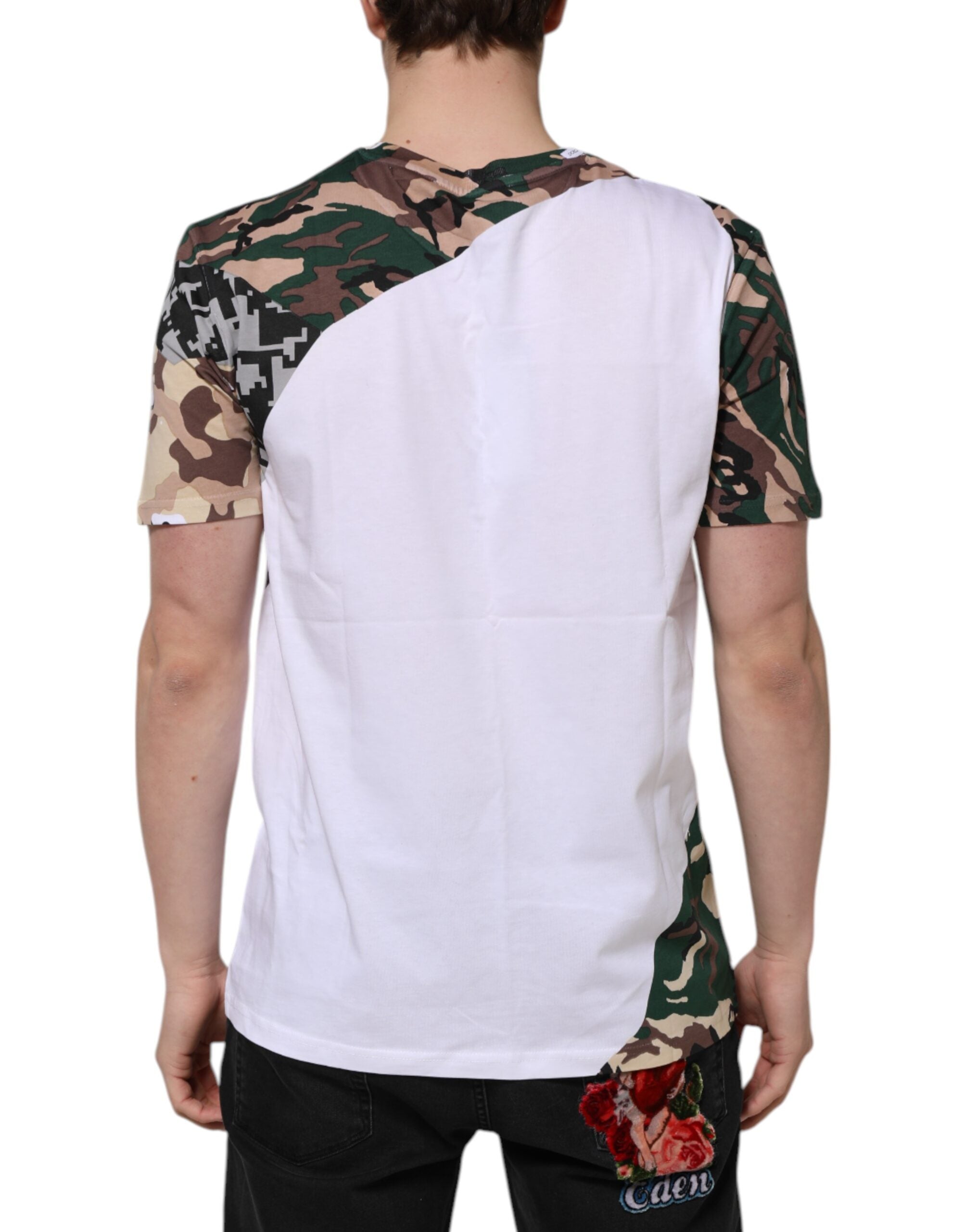 Dolce &amp; Gabbana Hvid Camouflage Bomuld Herre T-shirt med Rund Hals