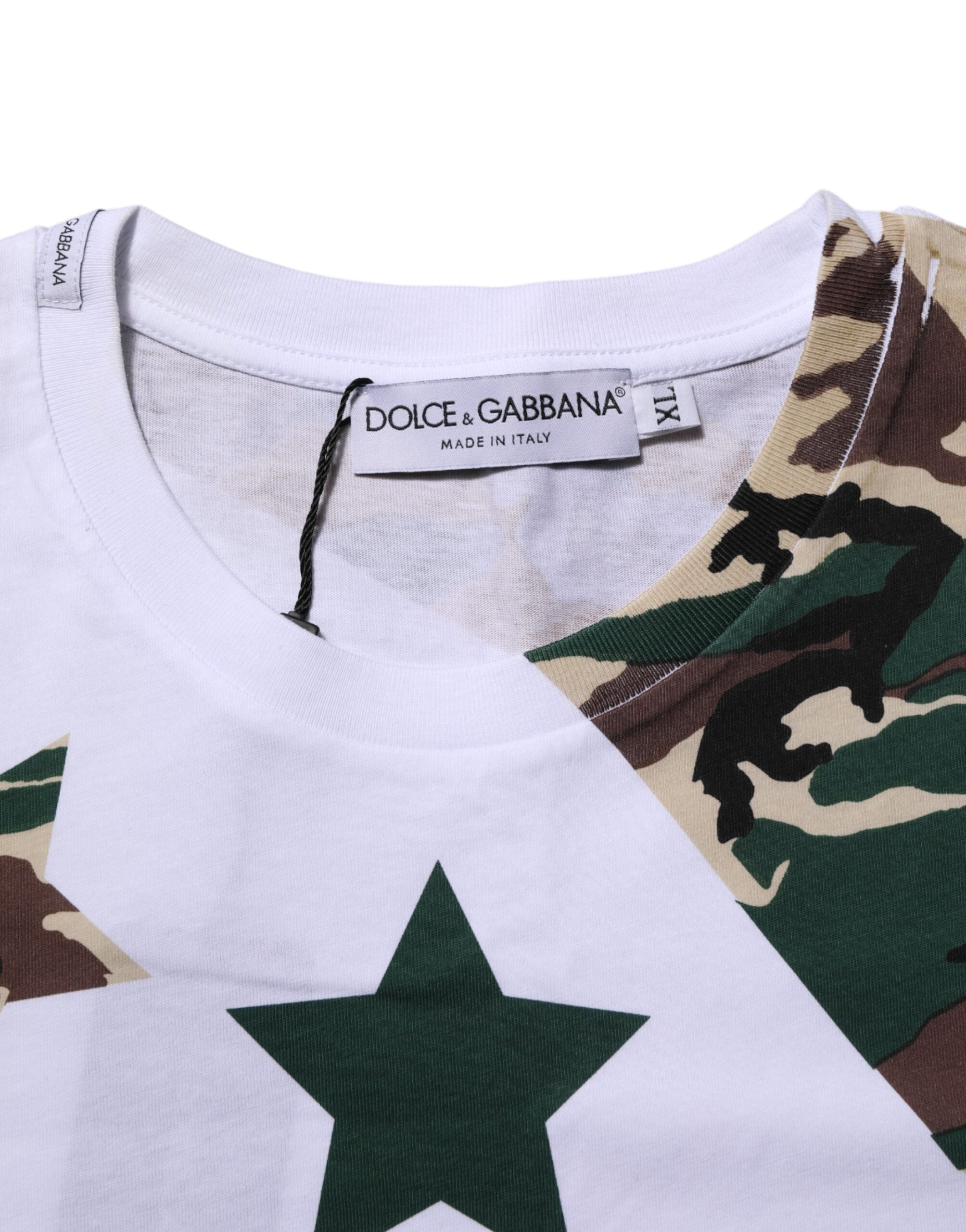 Dolce &amp; Gabbana Hvid Camouflage Bomuld Herre T-shirt med Rund Hals