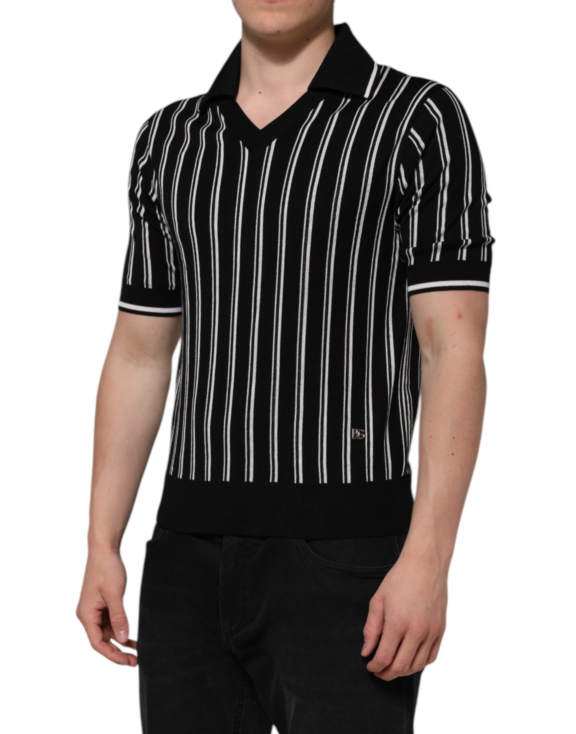 Dolce &amp; Gabbana Black White Stripes Collared Polo T-shirt