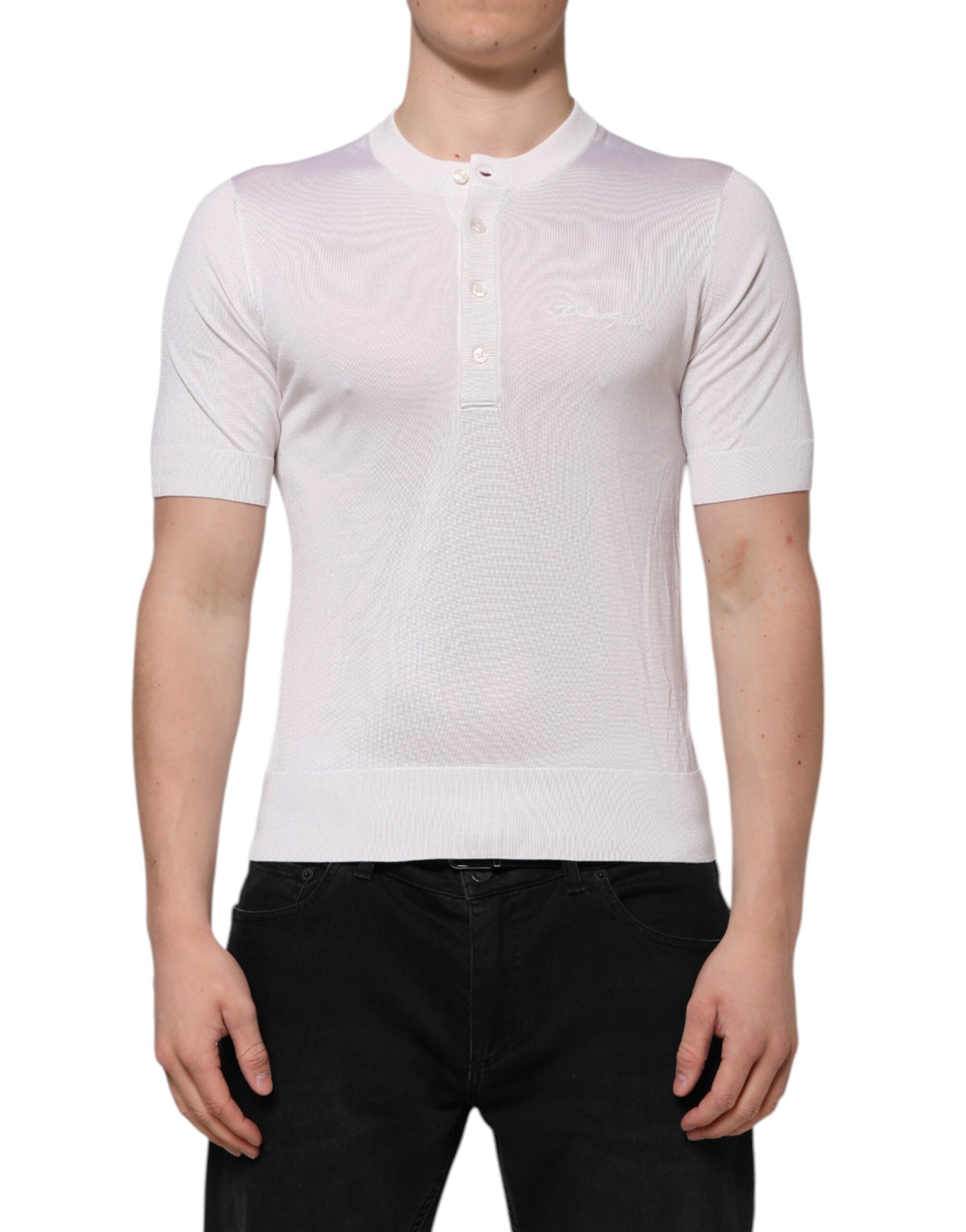 Dolce &amp; Gabbana Hvid Silke Kortærmet Herre Henley T-shirt